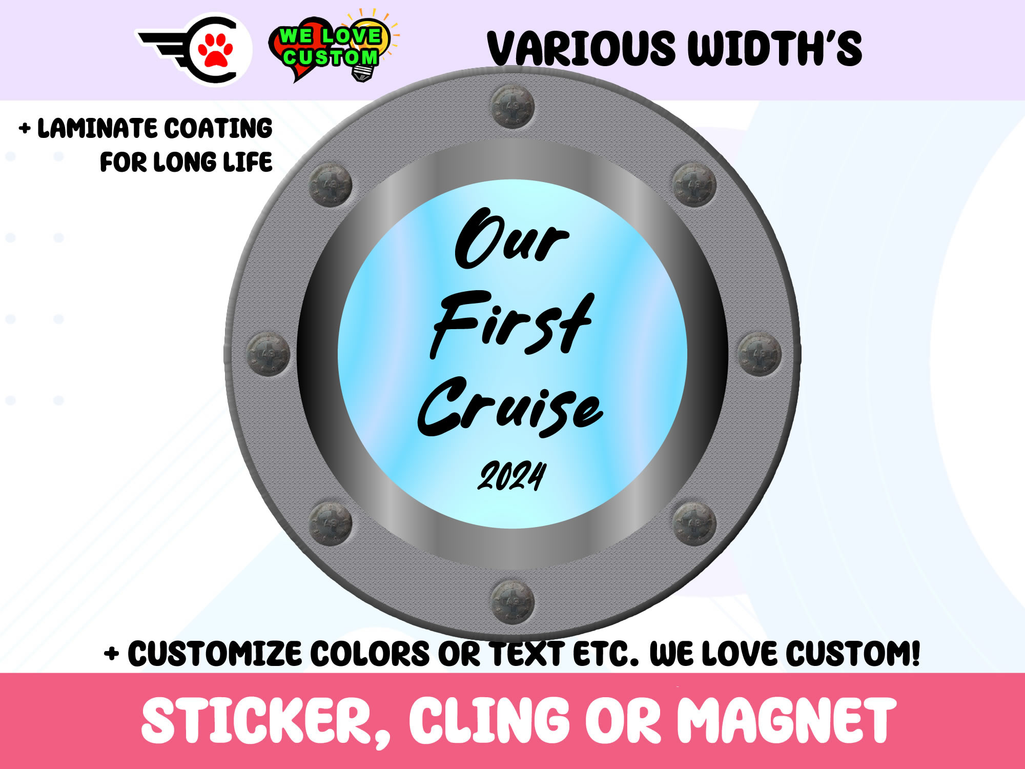 Our First Cruise Vinyl Bumper Sticker  Window Cling or Bumper Sticker Magnet in UV Laminate Coating - Custom Bumper Sticker, Vinyl Sticker, or Magnet