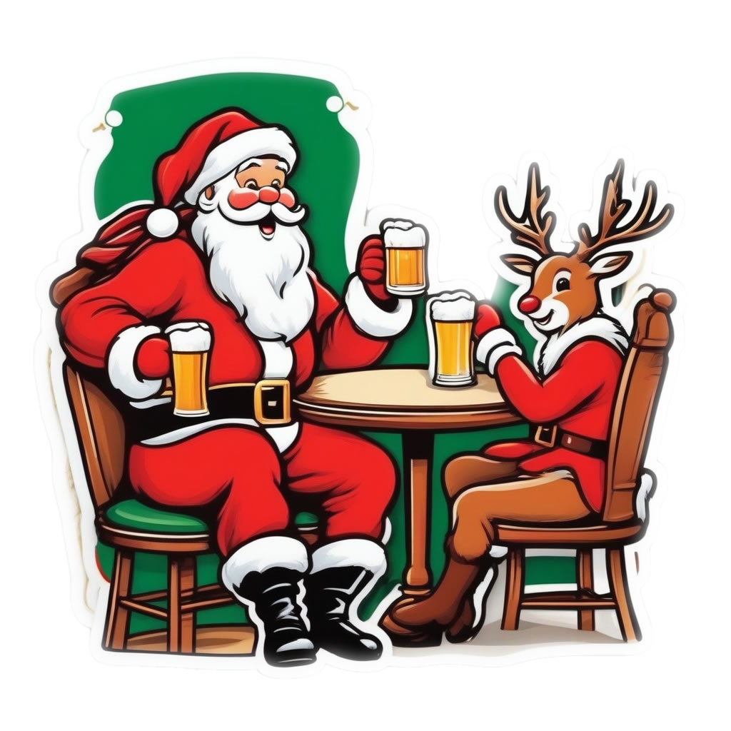 Santa and Rudolph Drinking Beers Vinyl Bumper Sticker  Window Cling or Bumper Sticker Magnet in UV Laminate Coating - Custom Bumper Sticker, Vinyl Sticker, or Magnet