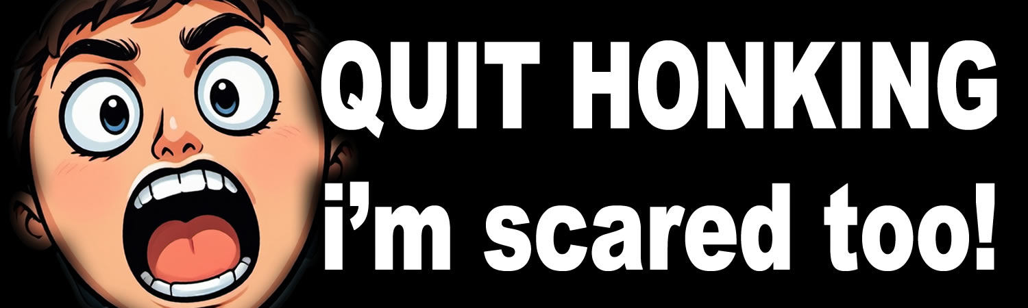 Quit Honking I m Scared Too  Vinyl Bumper Sticker  Window Cling or Bumper Sticker Magnet in UV Laminate Coating - Custom Bumper Sticker, Vinyl Sticker, or Magnet