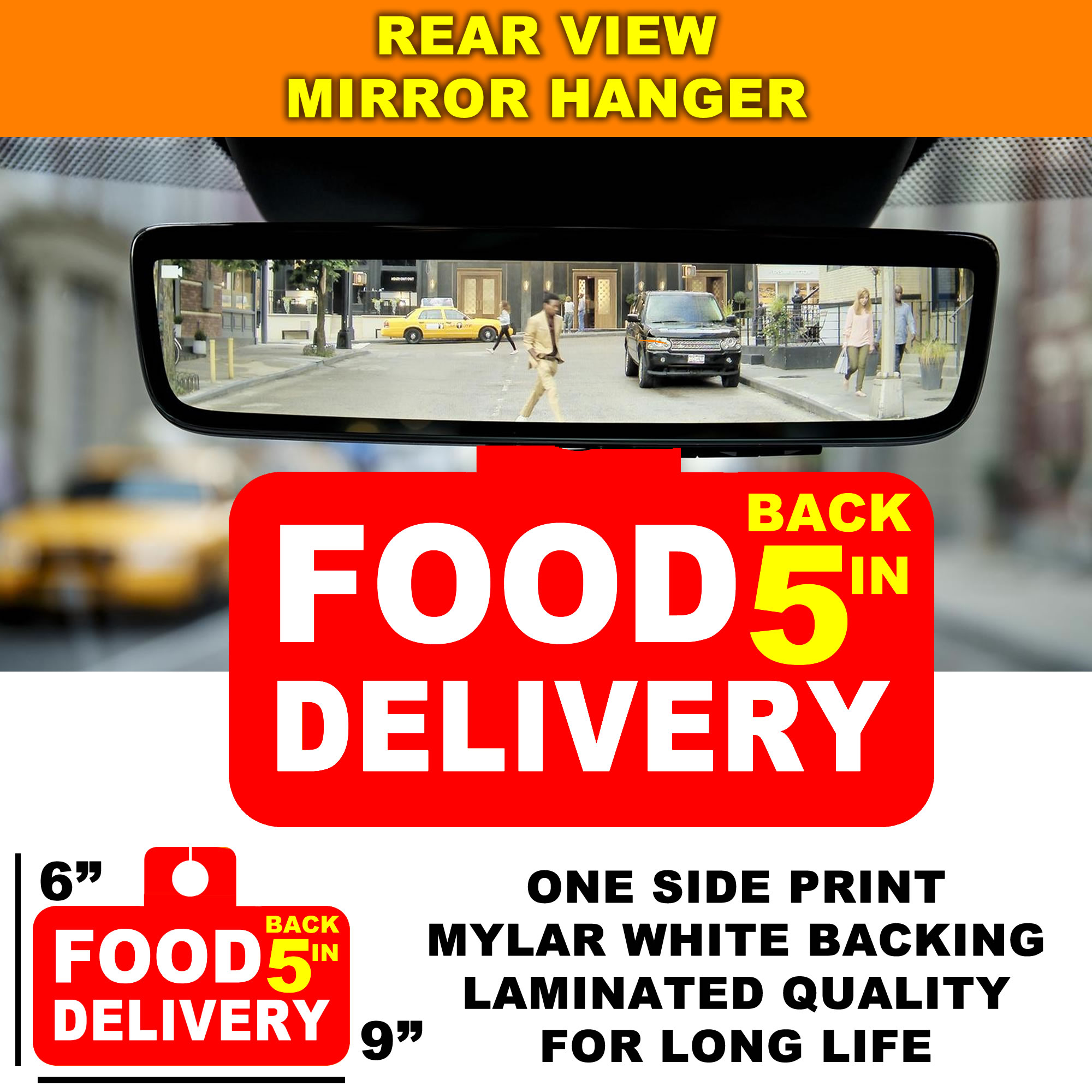 Food Delivery  Back in 5  Laminated Mirror Hanger - Custom Bumper Sticker, Vinyl Sticker, or Magnet