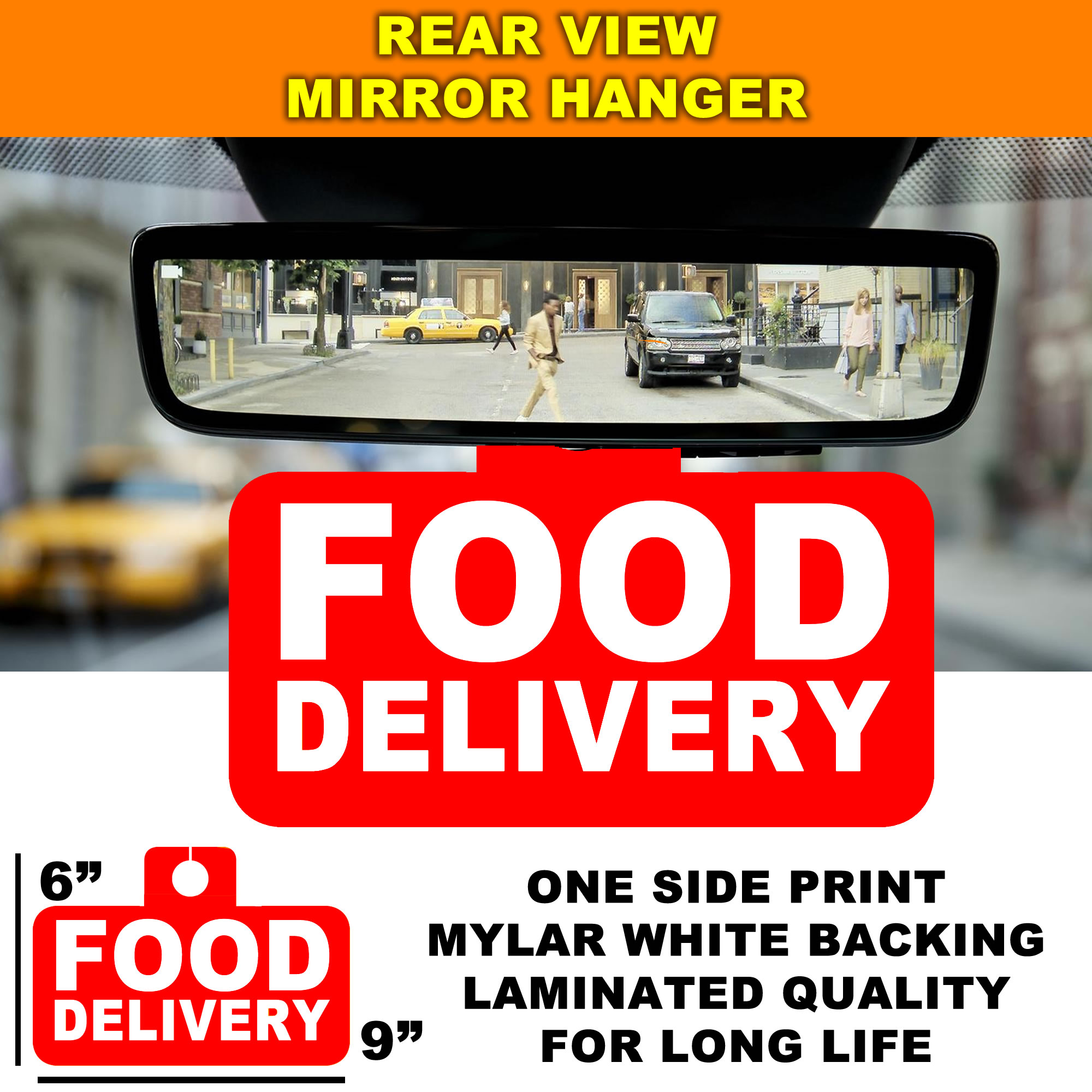 Food Delivery  Laminated Rear View Mirror Hanger - Custom Bumper Sticker, Vinyl Sticker, or Magnet