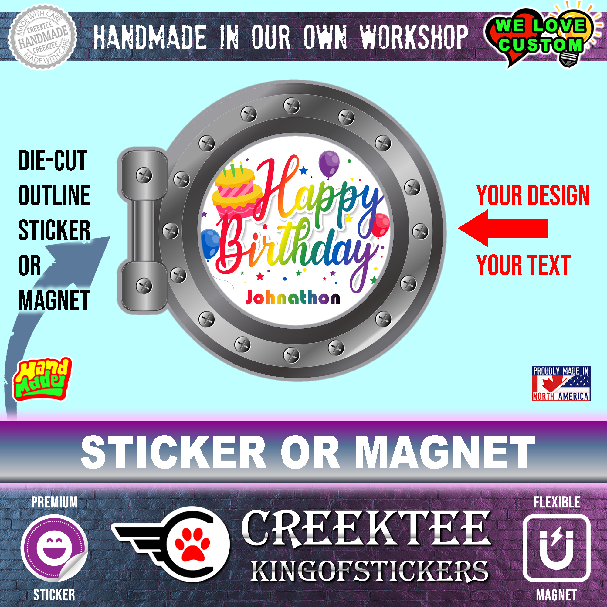 Happy Birthday Die Cut Vinyl Sticker  Window Cling or Magnet with Laminate Coating in Various Sizes - Custom Bumper Sticker, Vinyl Sticker, or Magnet