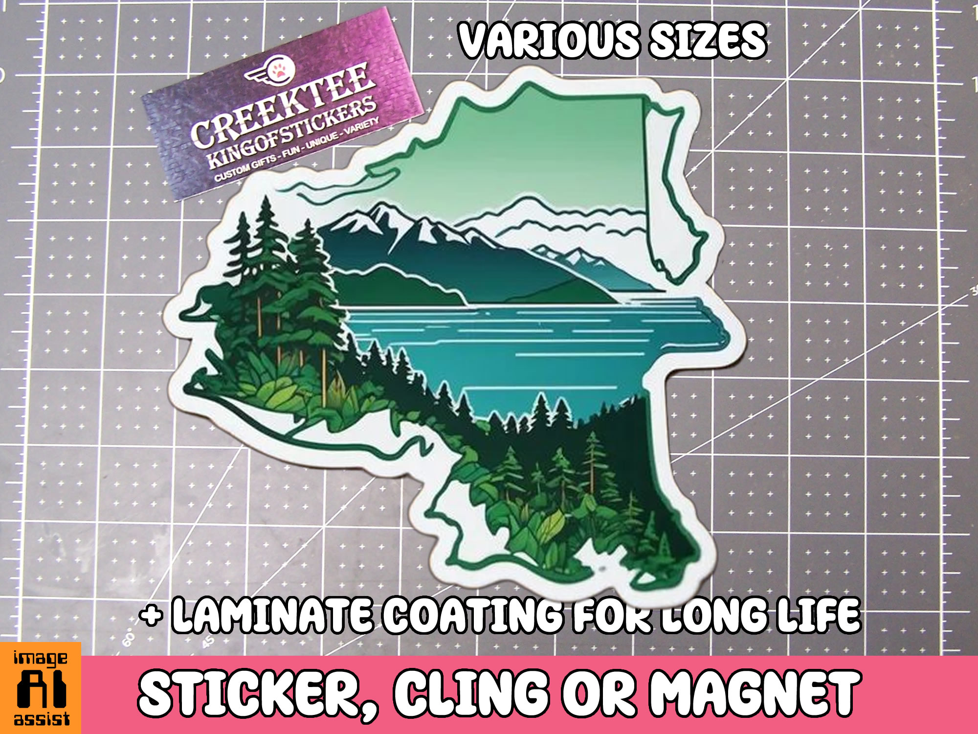 Scenic Mountain  Lake and Trees Die Cut Vinyl Sticker  Window Cling or Magnet with Laminate Coating in Various Sizes - Custom Bumper Sticker, Vinyl Sticker, or Magnet