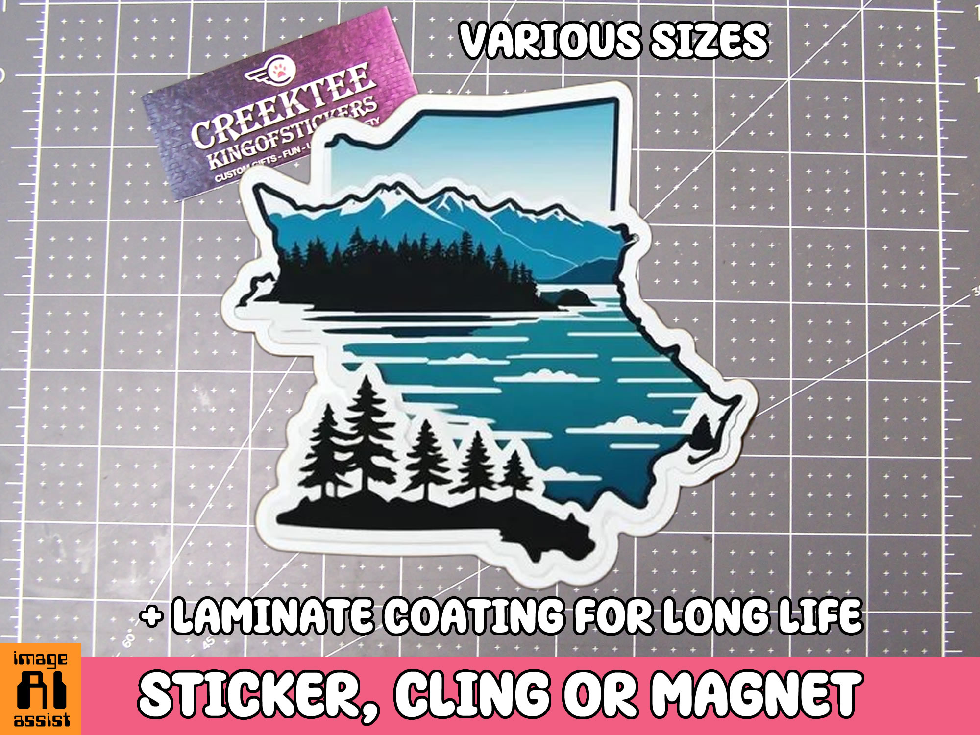 Scenic Mountain  Lake and Trees Die Cut Vinyl Sticker  Window Cling or Magnet with Laminate Coating in Various Sizes - Custom Bumper Sticker, Vinyl Sticker, or Magnet