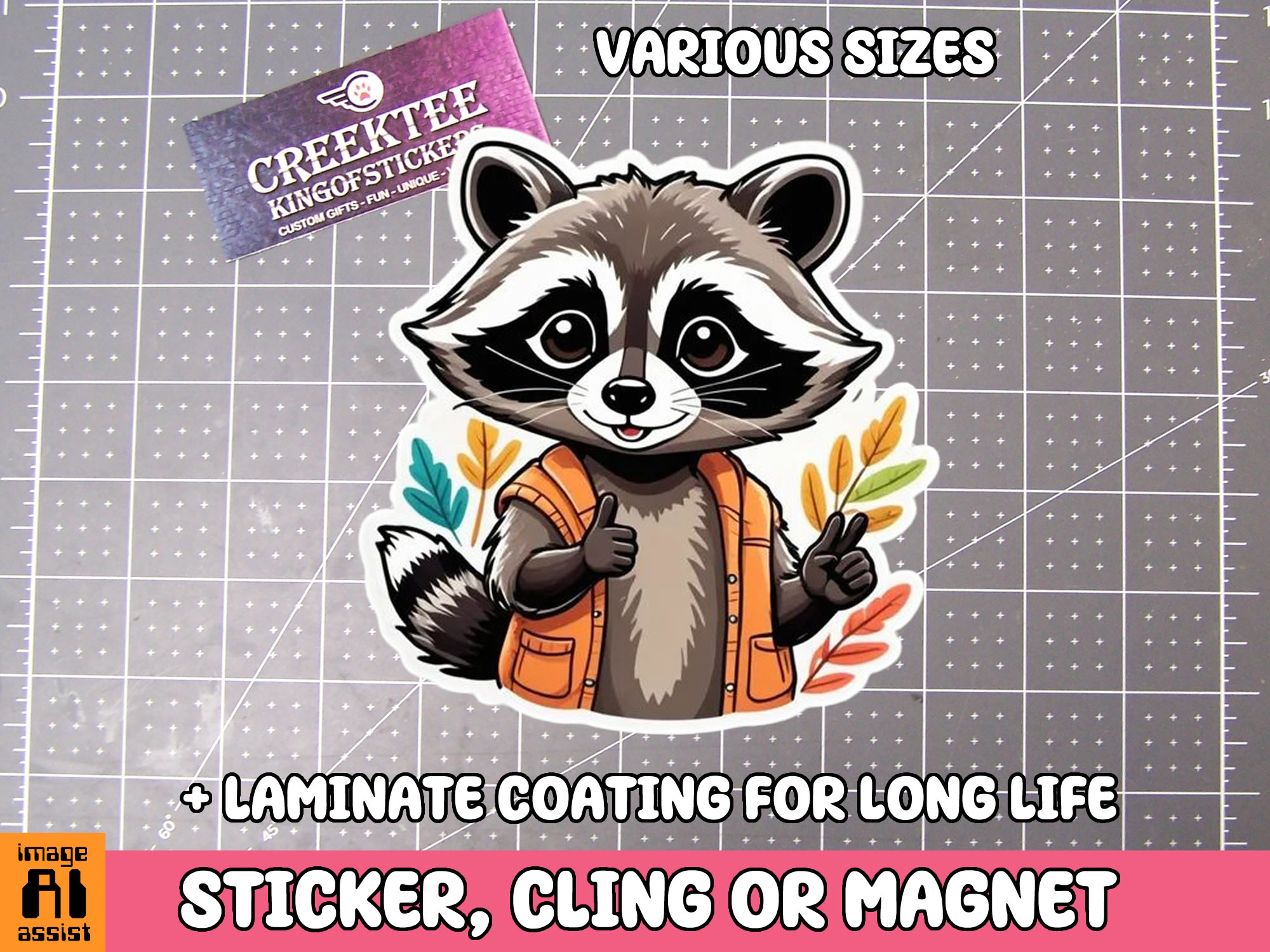 Raccoon with Thumbs up Die Cut Vinyl Sticker  Window Cling or Magnet with Laminate Coating in Various Sizes - Custom Bumper Sticker, Vinyl Sticker, or Magnet