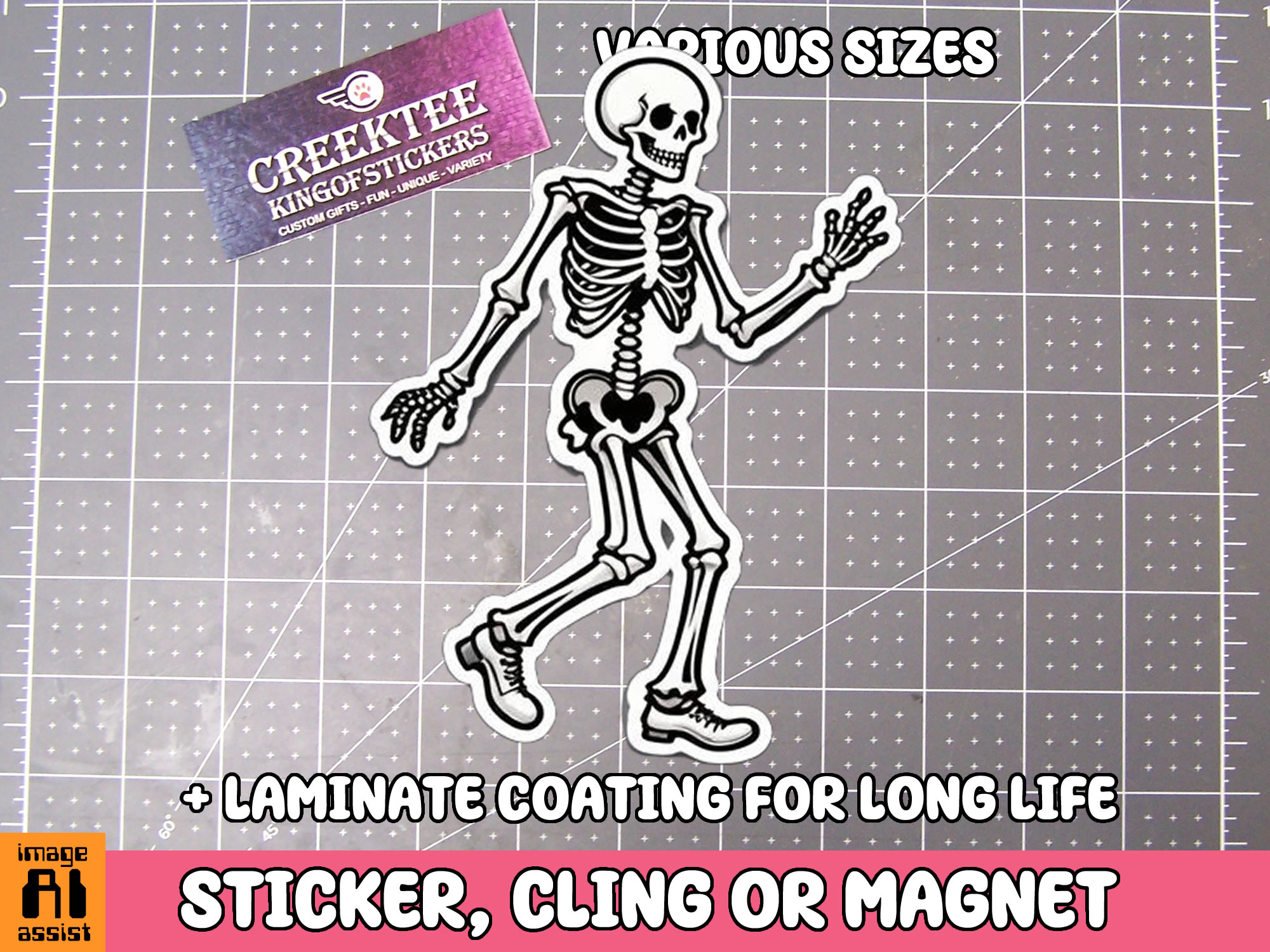 Skeleton Walking Die Cut Vinyl Sticker  Window Cling or Magnet with Laminate Coating in Various Sizes - Custom Bumper Sticker, Vinyl Sticker, or Magnet