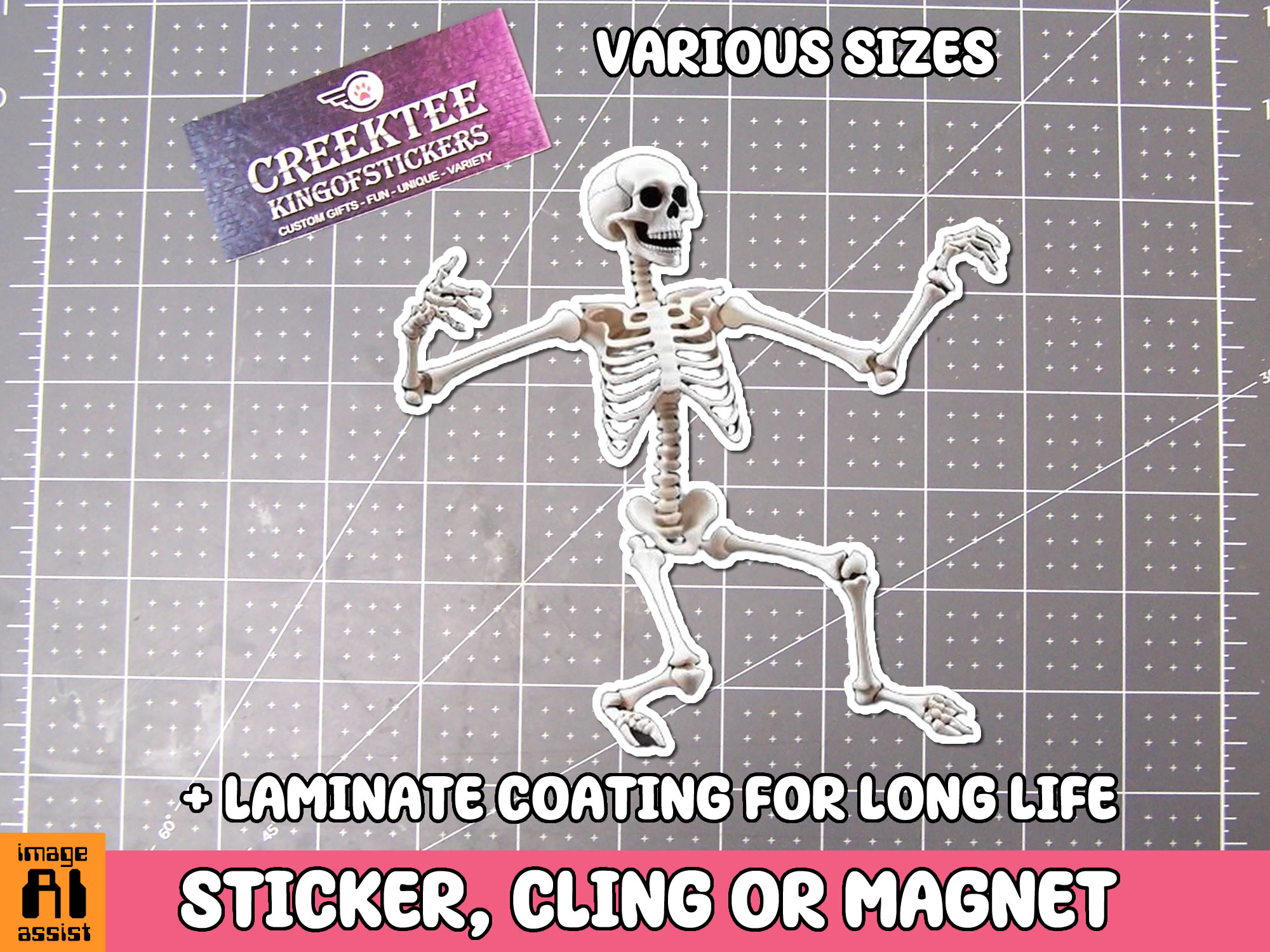 Skeleton Die Cut Vinyl Sticker  Window Cling or Magnet with Laminate Coating in Various Sizes - Custom Bumper Sticker, Vinyl Sticker, or Magnet