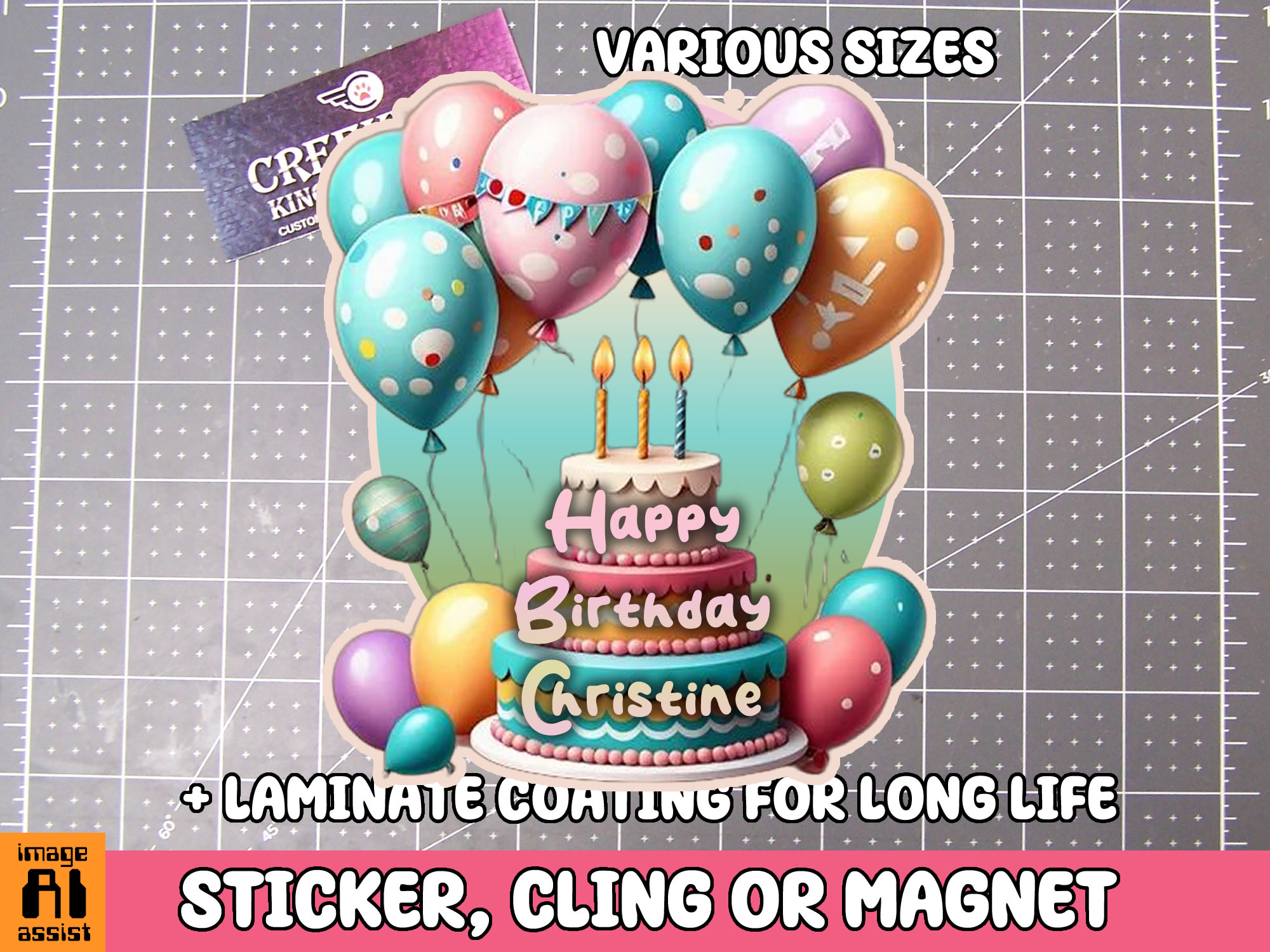 Happy Birthday Die Cut Vinyl Sticker  Window Cling or Magnet with Laminate Coating in Various Sizes - Custom Bumper Sticker, Vinyl Sticker, or Magnet