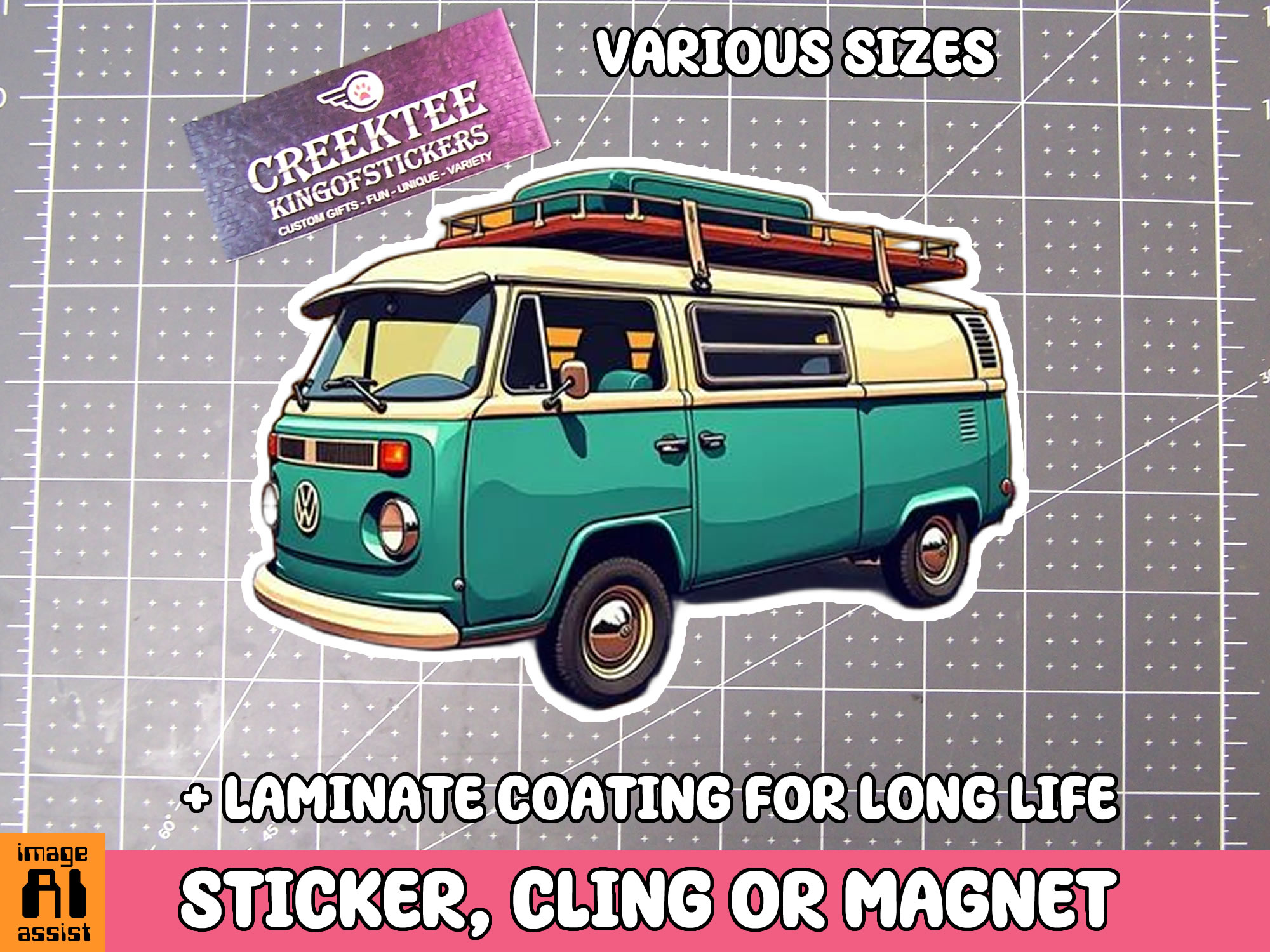 Volkswagon Van Die Cut Vinyl Sticker  Window Cling or Magnet with Laminate Coating in Various Sizes - Custom Bumper Sticker, Vinyl Sticker, or Magnet