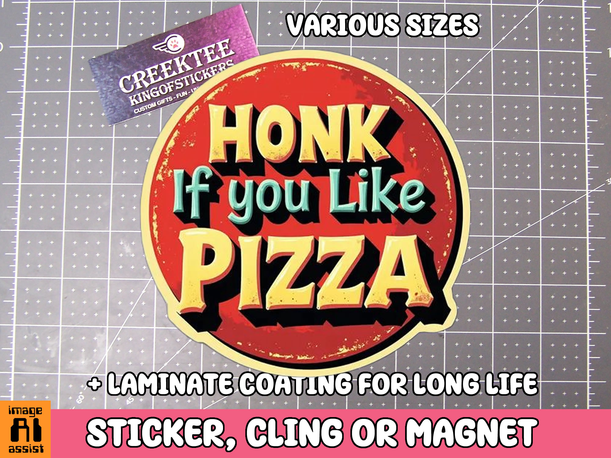 Honk if you like Pizza Die Cut Vinyl Sticker  Window Cling or Magnet with Laminate Coating in Various Sizes - Custom Bumper Sticker, Vinyl Sticker, or Magnet