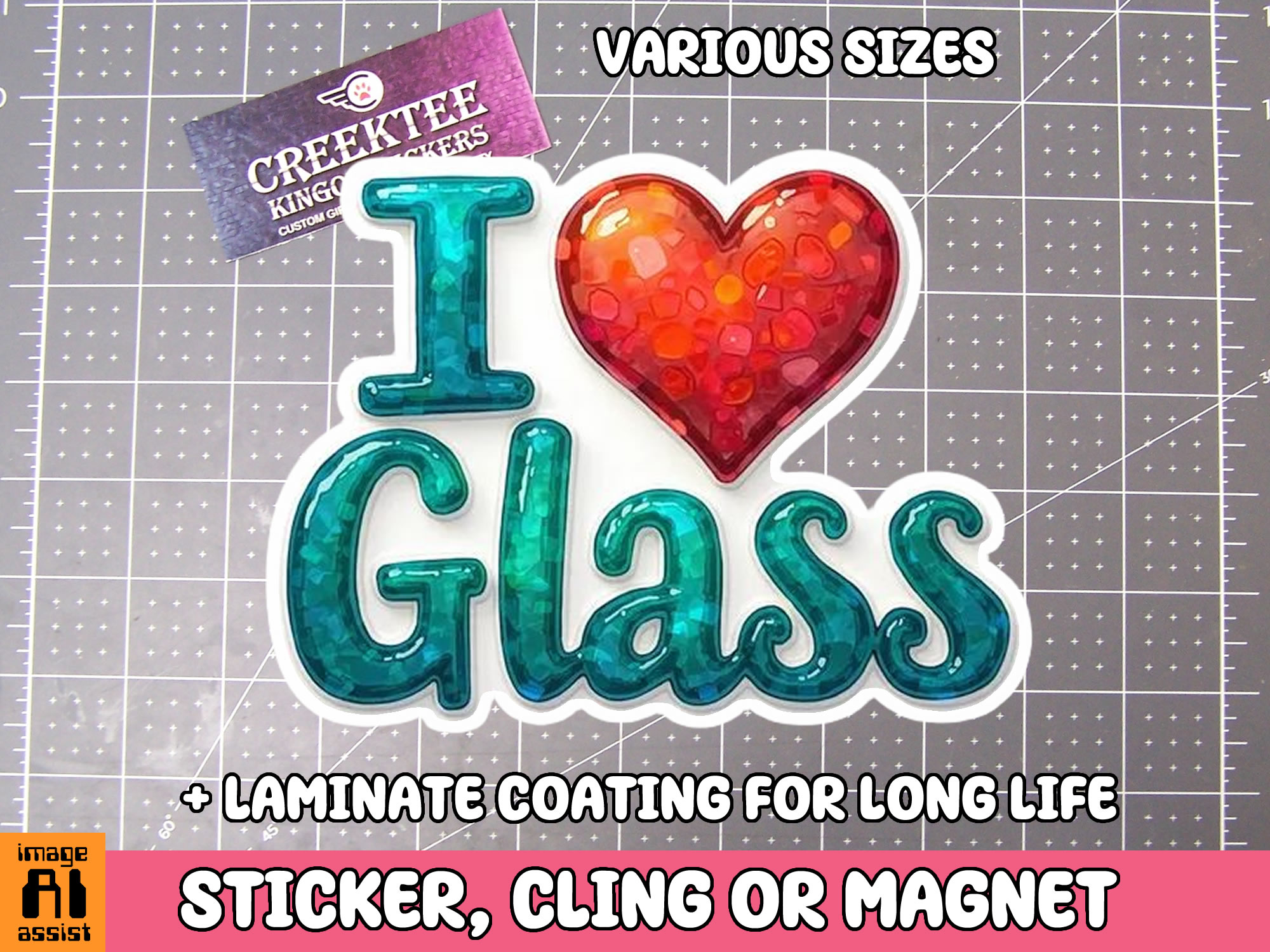I Love Glass Die Cut Vinyl Sticker  Window Cling or Magnet with Laminate Coating in Various Sizes - Custom Bumper Sticker, Vinyl Sticker, or Magnet