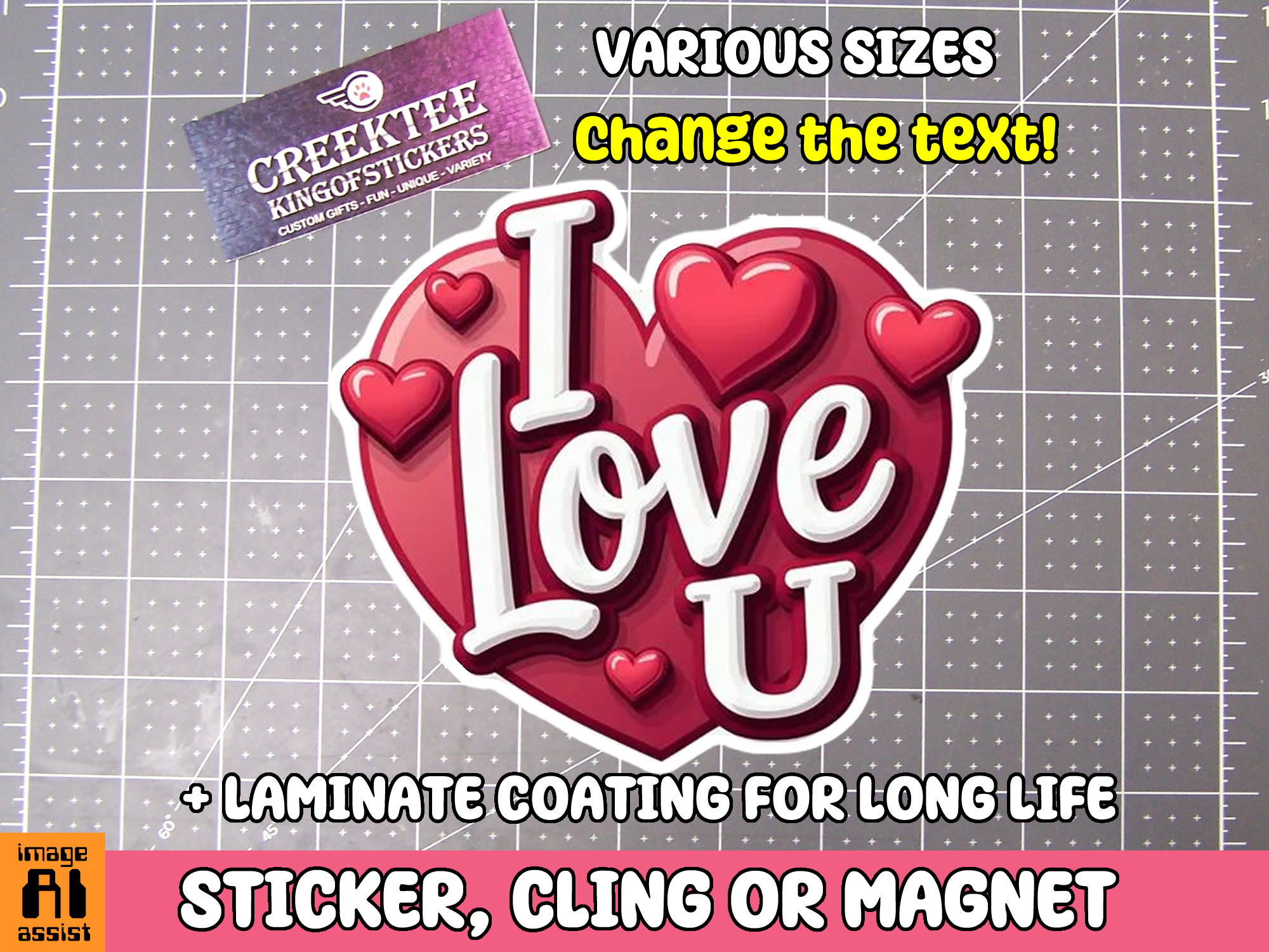 I Love You Die Cut Vinyl Sticker  Window Cling or Magnet with Laminate Coating in Various Sizes - Custom Bumper Sticker, Vinyl Sticker, or Magnet
