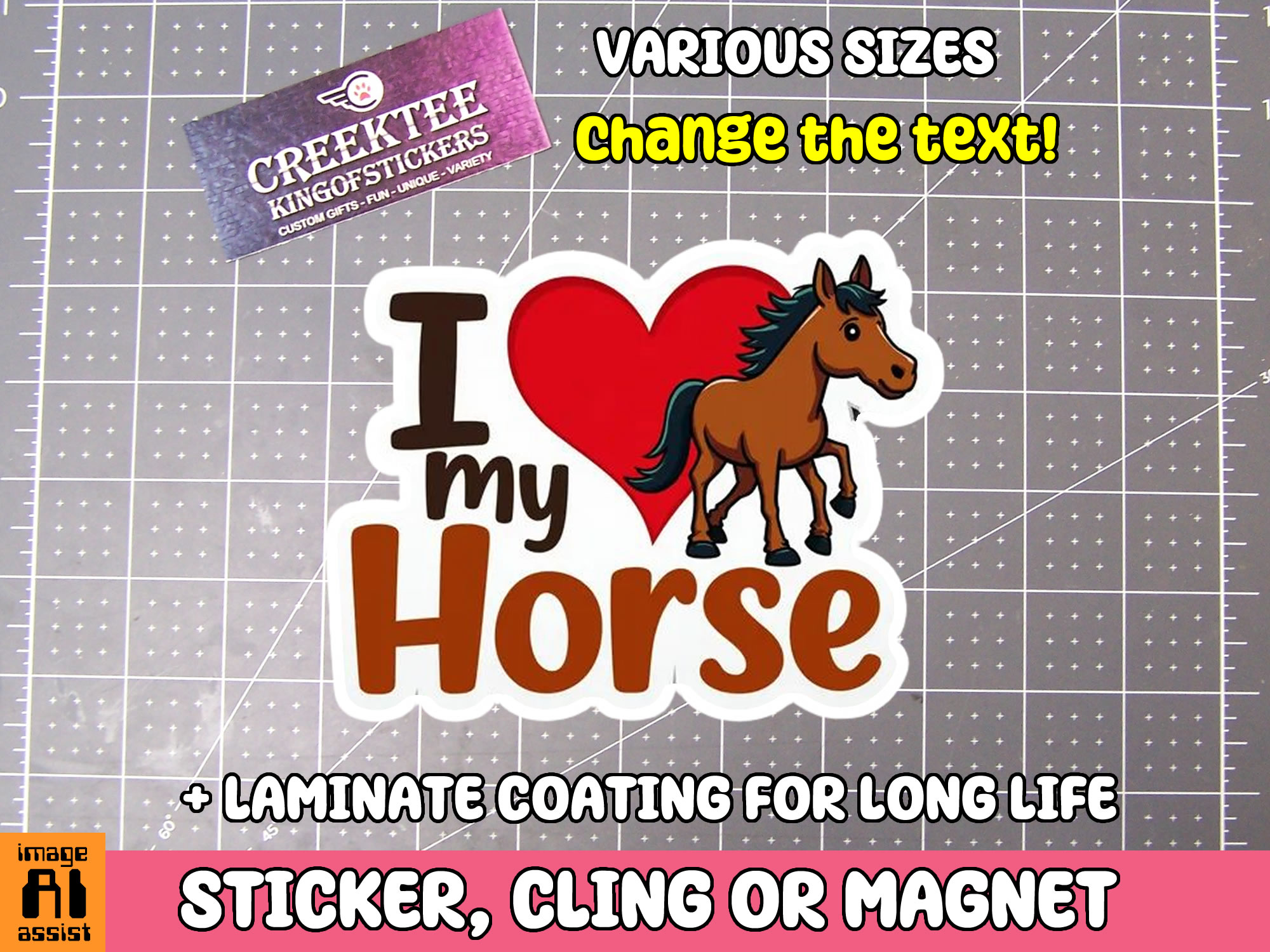 I Love my Horse Die Cut Vinyl Sticker  Window Cling or Magnet with Laminate Coating in Various Sizes - Custom Bumper Sticker, Vinyl Sticker, or Magnet
