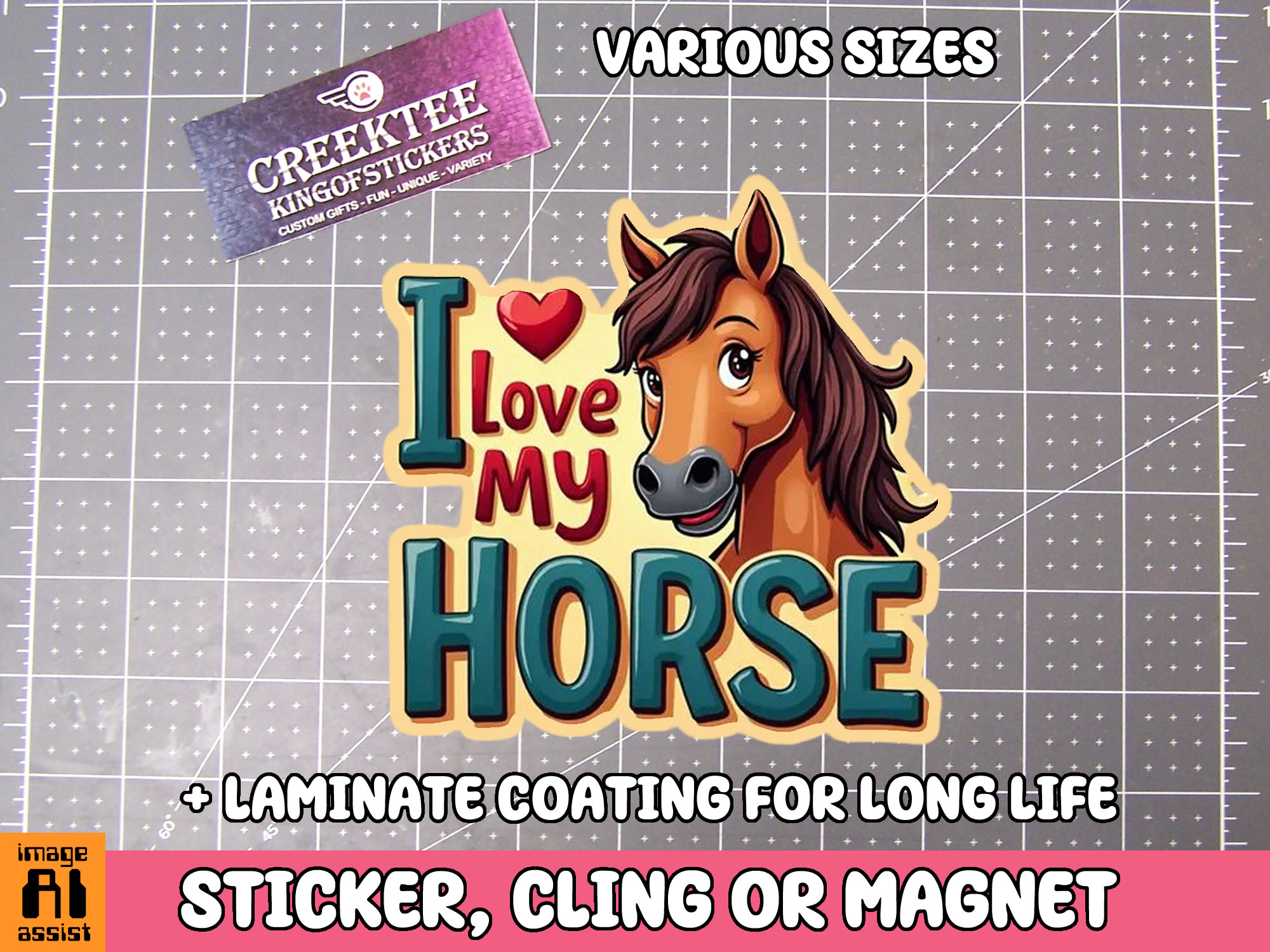 I Love my Horse Die Cut Vinyl Sticker  Window Cling or Magnet with Laminate Coating in Various Sizes - Custom Bumper Sticker, Vinyl Sticker, or Magnet
