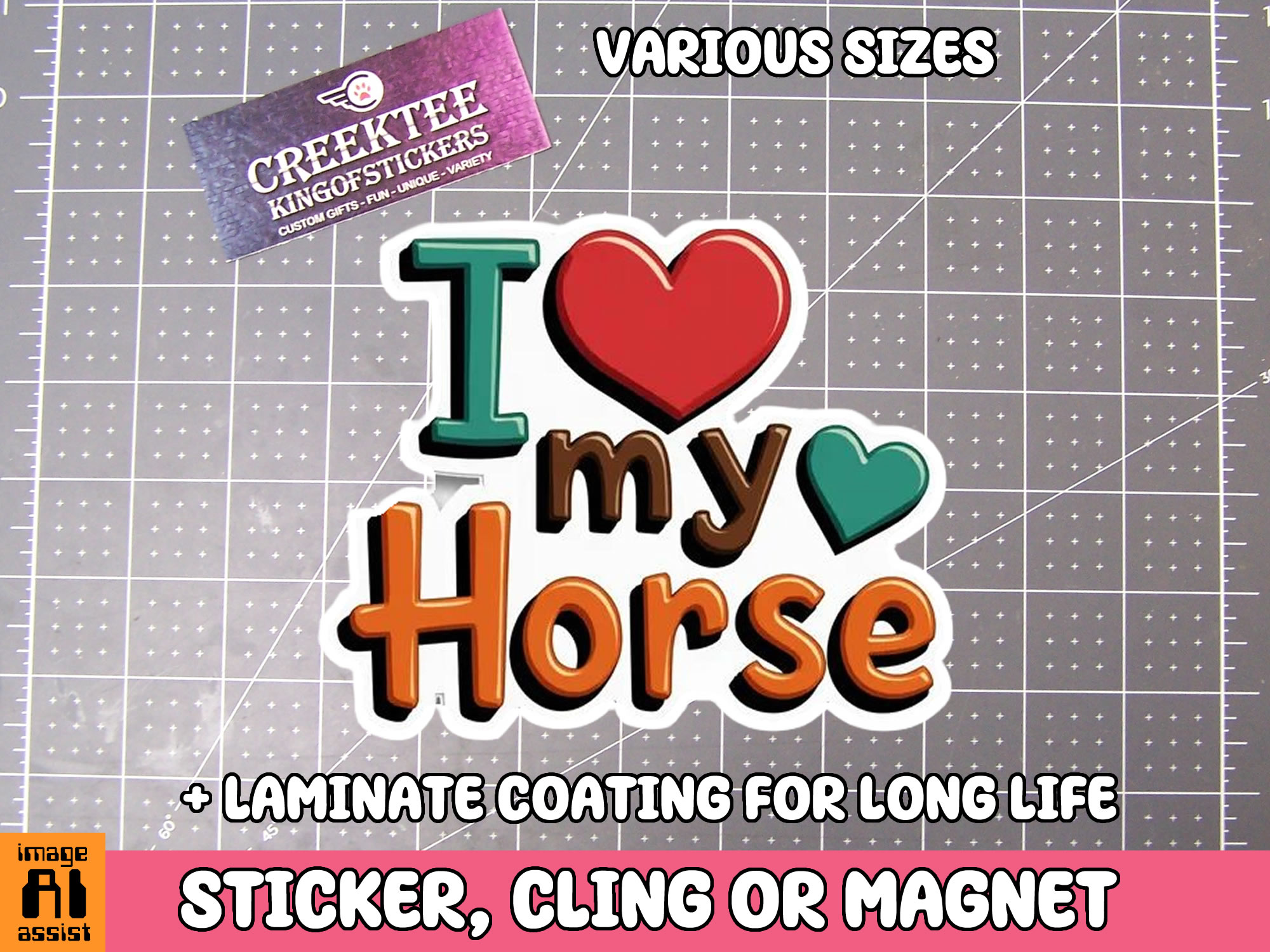 I Love my Horse Die Cut Vinyl Sticker  Window Cling or Magnet with Laminate Coating in Various Sizes - Custom Bumper Sticker, Vinyl Sticker, or Magnet