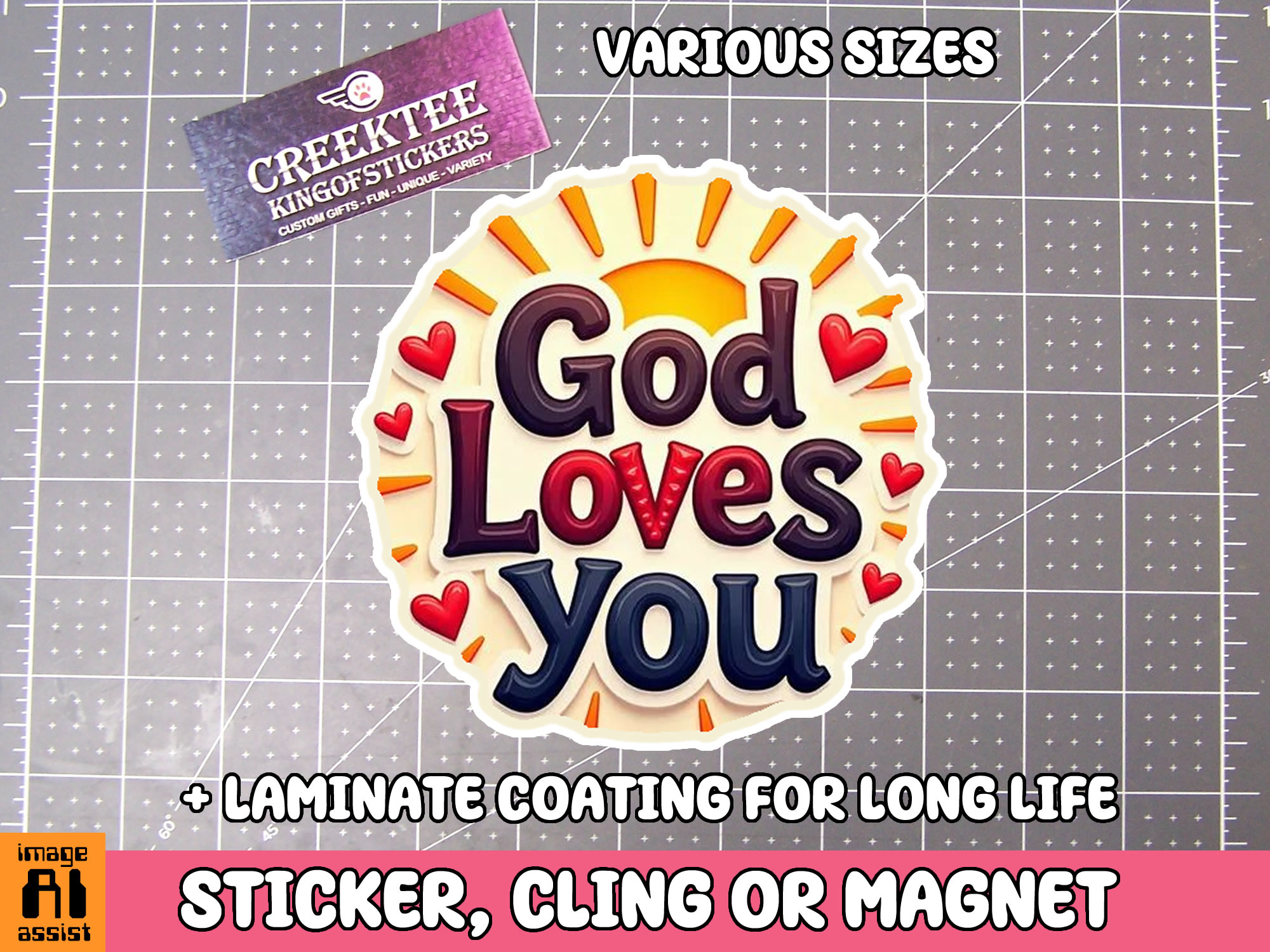 God Loves You Die Cut Vinyl Sticker  Window Cling or Magnet with Laminate Coating in Various Sizes - Custom Bumper Sticker, Vinyl Sticker, or Magnet