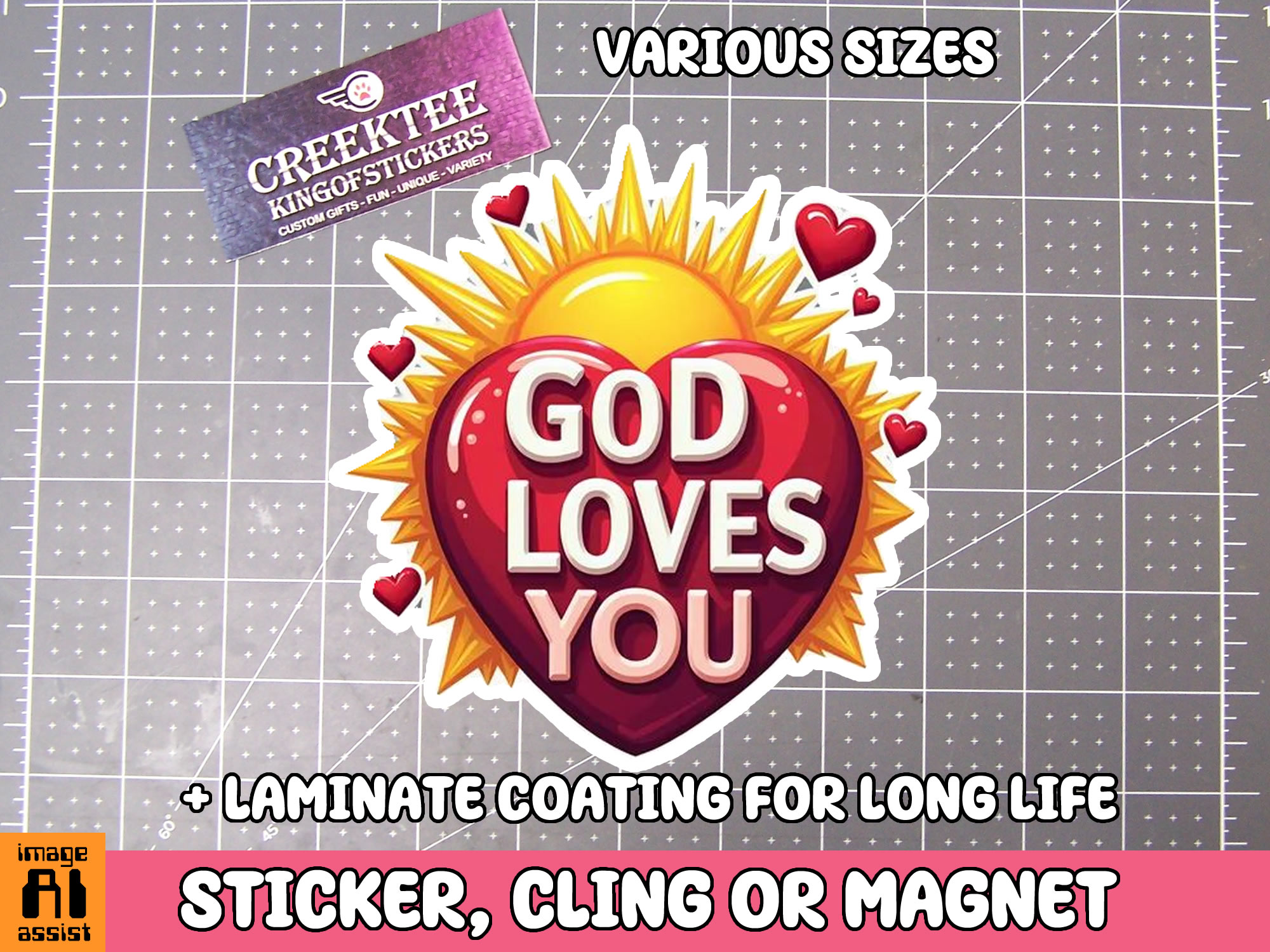 God Loves You Die Cut Vinyl Sticker  Window Cling or Magnet with Laminate Coating in Various Sizes - Custom Bumper Sticker, Vinyl Sticker, or Magnet