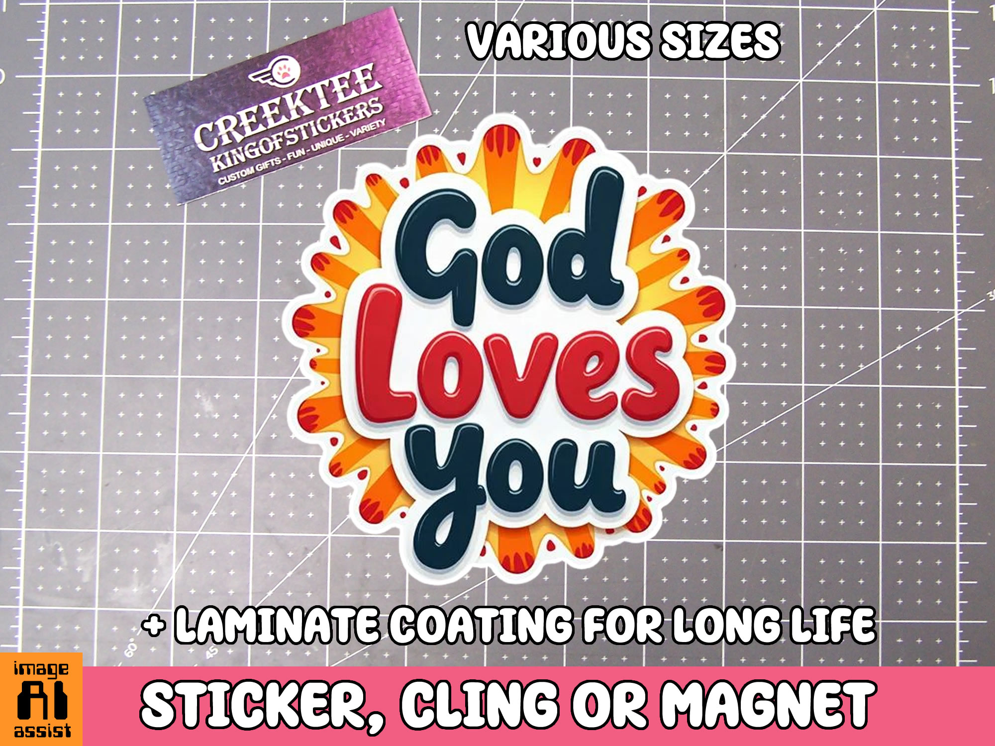 God Loves You Die Cut Vinyl Sticker  Window Cling or Magnet with Laminate Coating in Various Sizes - Custom Bumper Sticker, Vinyl Sticker, or Magnet
