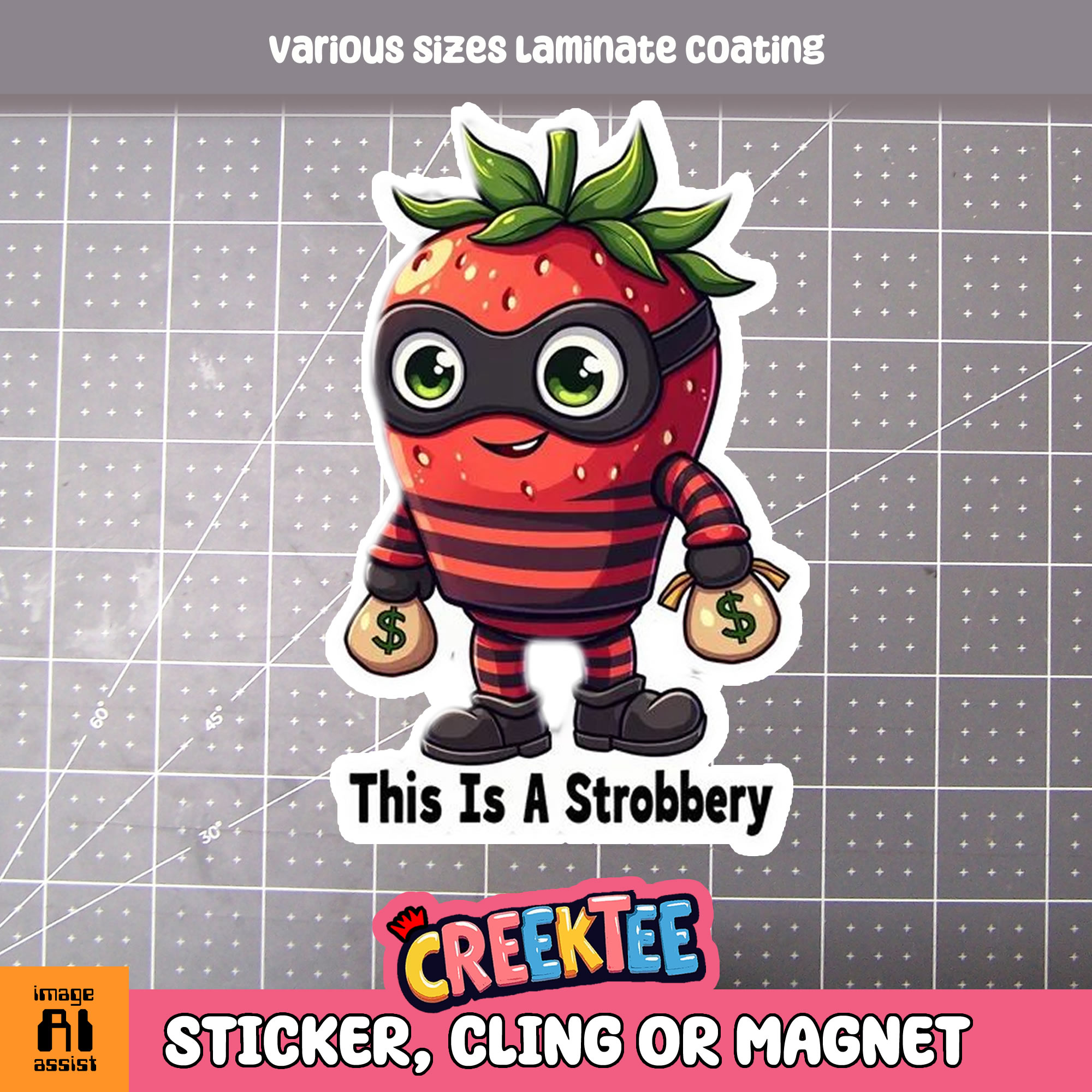 This is a Strobbery Die Cut Vinyl Sticker  Window Cling or Magnet with Laminate Coating in Various Sizes - Custom Bumper Sticker, Vinyl Sticker, or Magnet