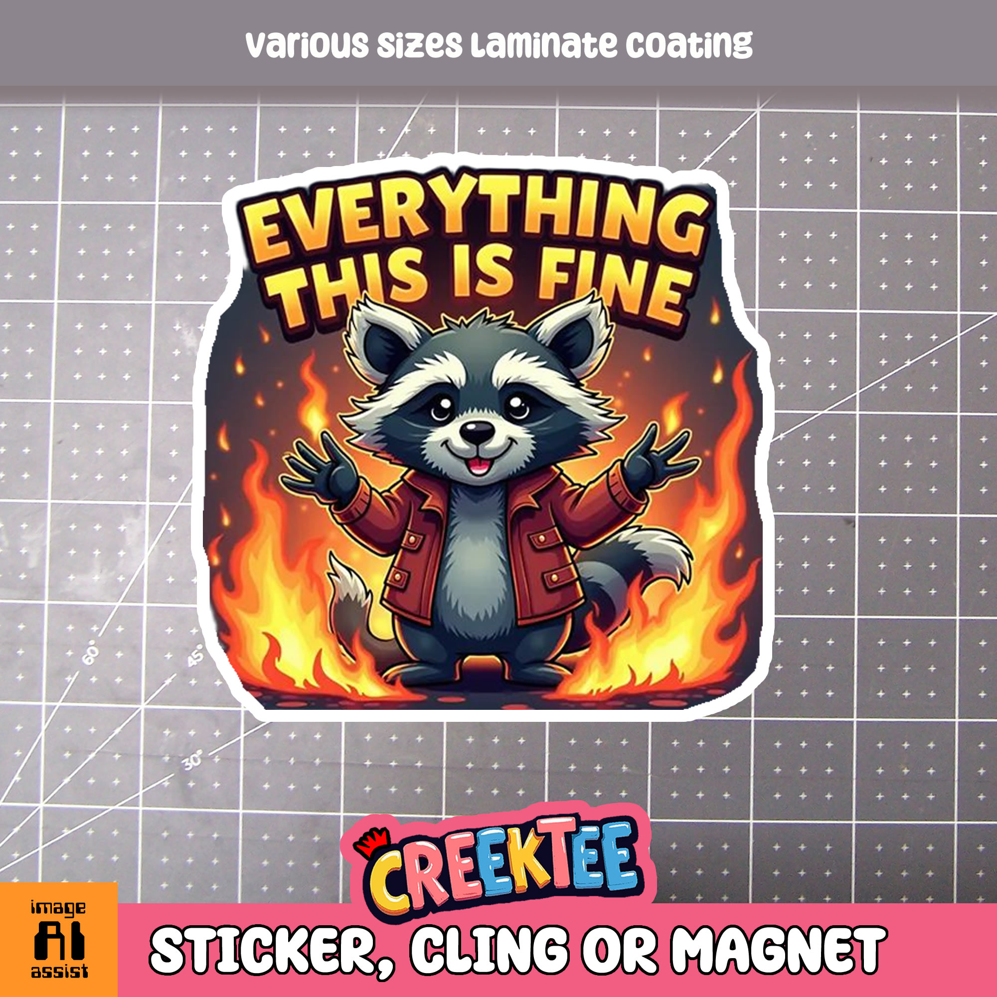 Everything is Fine  Raccoon  Die Cut Vinyl Sticker  Window Cling or Magnet with Laminate Coating in Various Sizes - Custom Bumper Sticker, Vinyl Sticker, or Magnet