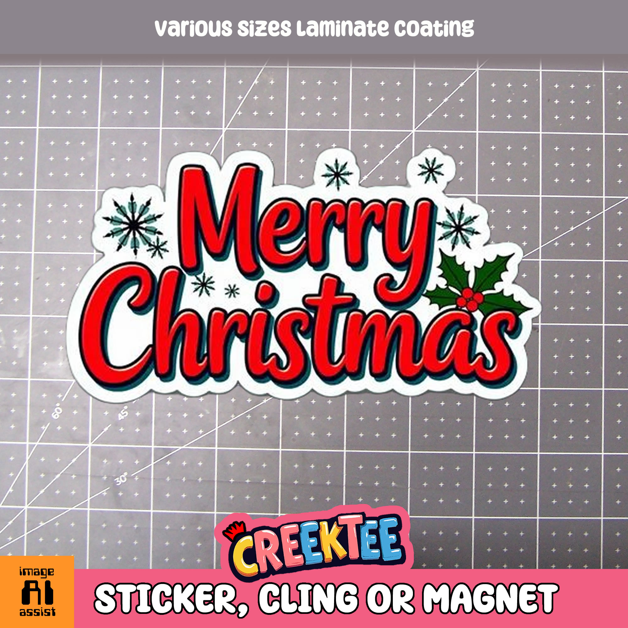 Merry Christmas Die Cut Vinyl Sticker  Window Cling or Magnet with Laminate Coating in Various Sizes - Custom Bumper Sticker, Vinyl Sticker, or Magnet