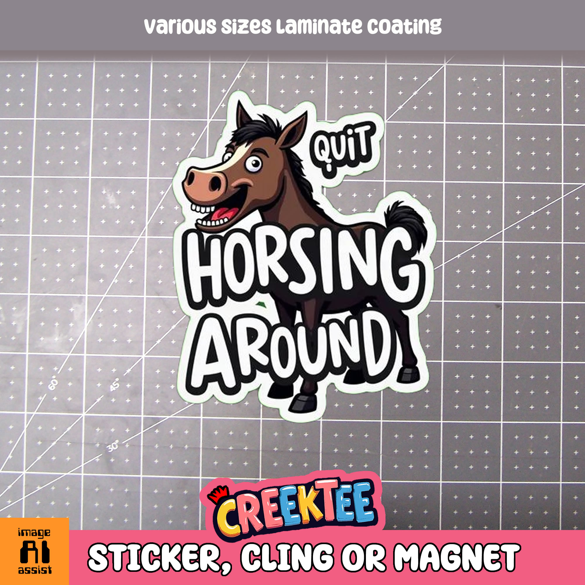 Quit Horsing Around Die Cut Vinyl Sticker  Window Cling or Magnet with Laminate Coating in Various Sizes - Custom Bumper Sticker, Vinyl Sticker, or Magnet