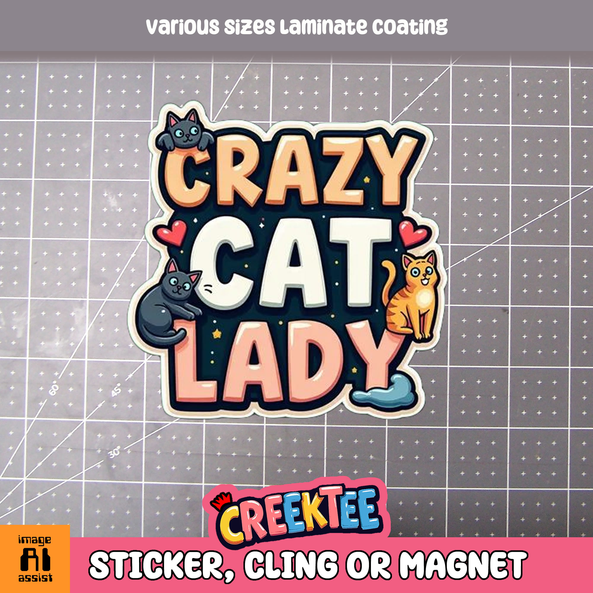 Crazy Cat Lady Die Cut Vinyl Sticker  Window Cling or Magnet with Laminate Coating in Various Sizes - Custom Bumper Sticker, Vinyl Sticker, or Magnet