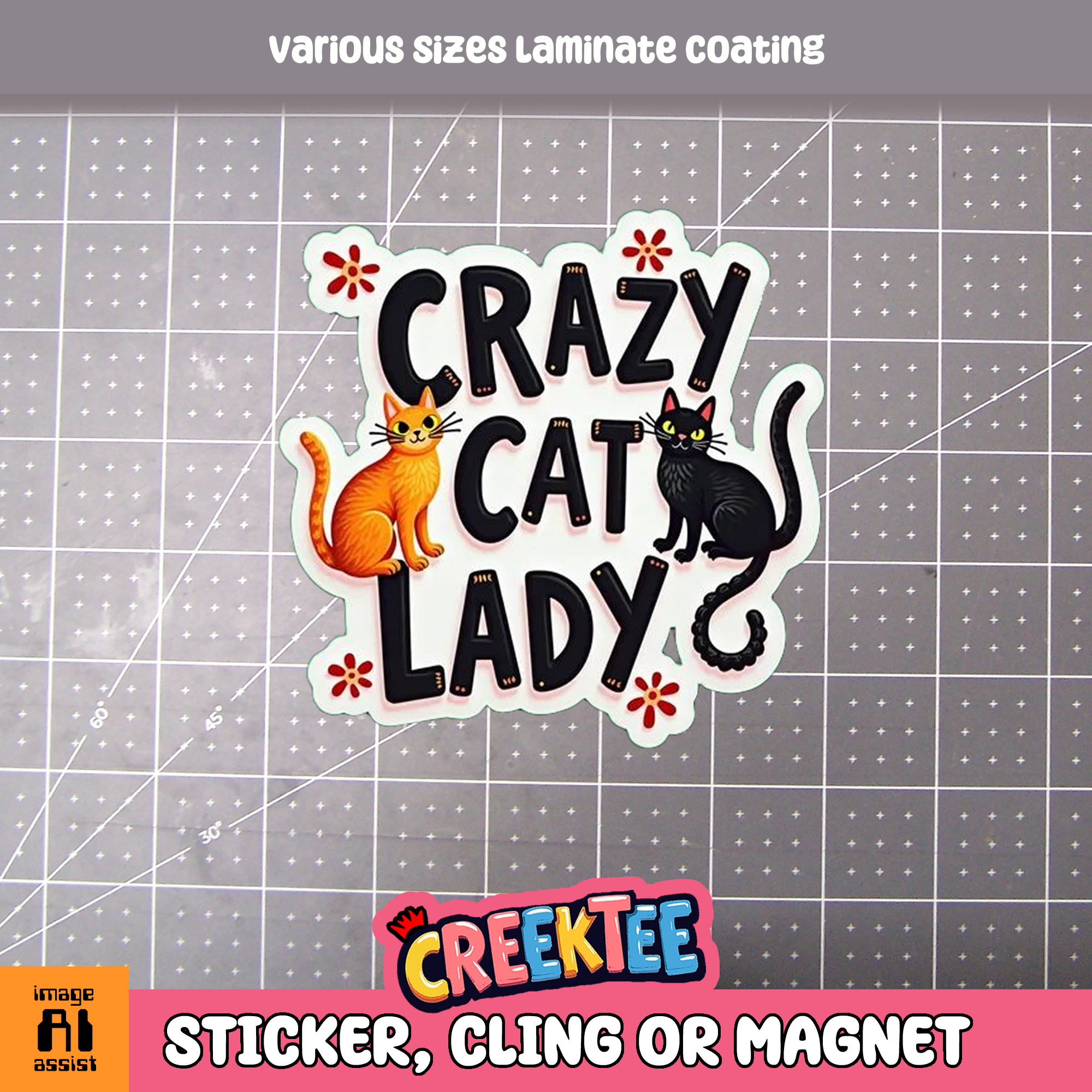Crazy Cat Lady Die Cut Vinyl Sticker  Window Cling or Magnet with Laminate Coating in Various Sizes - Custom Bumper Sticker, Vinyl Sticker, or Magnet