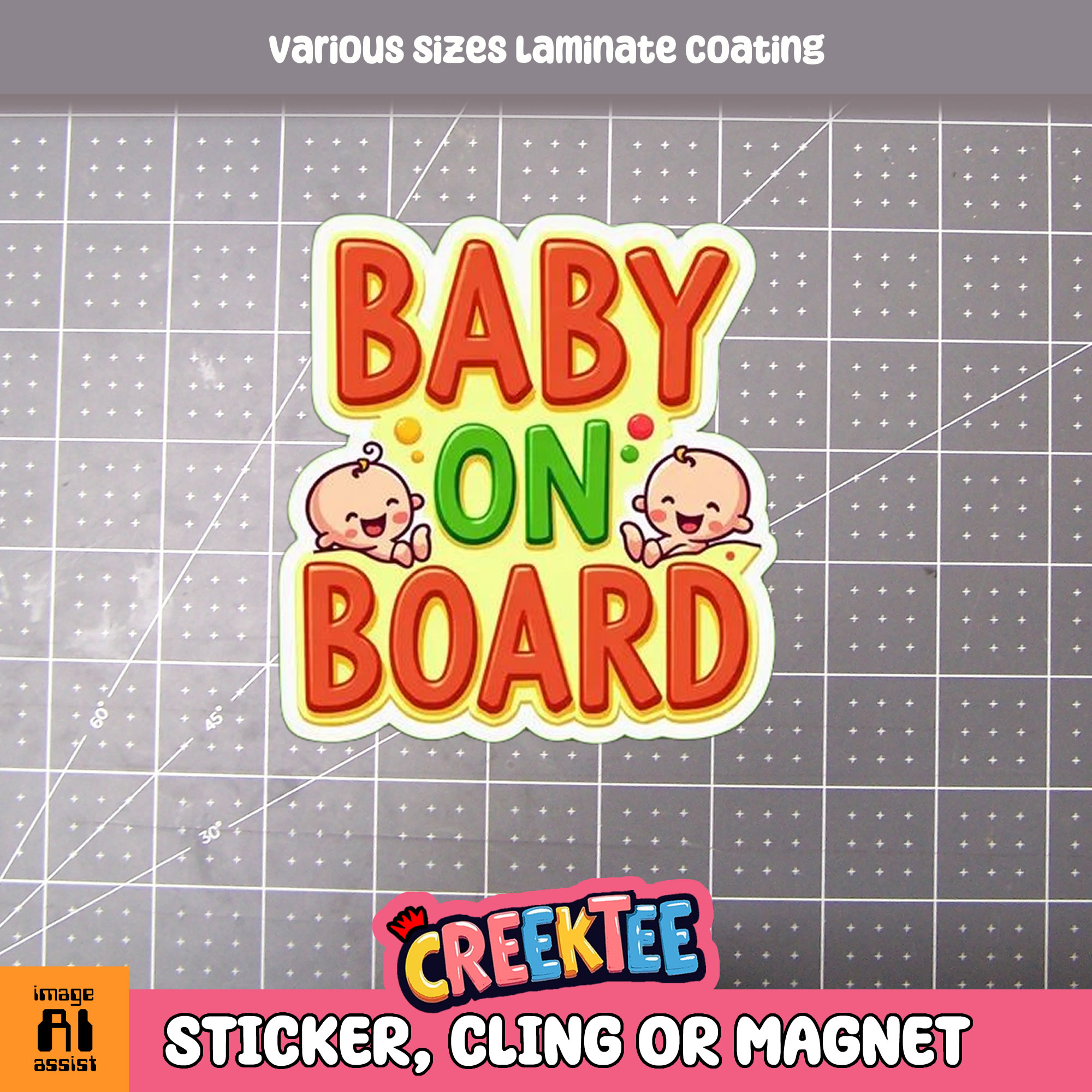 Baby on Board Die Cut Vinyl Sticker  Window Cling or Magnet with Laminate Coating in Various Sizes - Custom Bumper Sticker, Vinyl Sticker, or Magnet