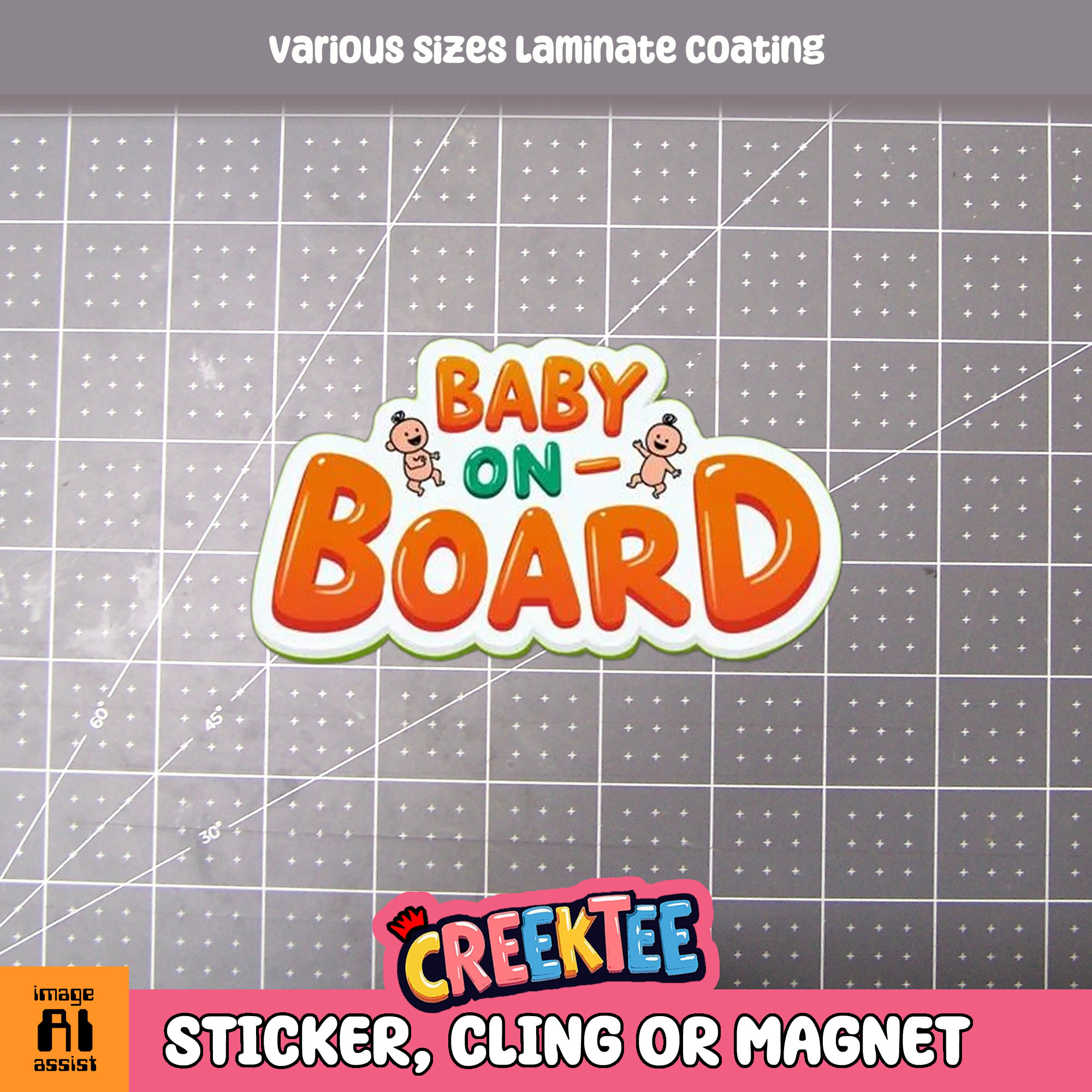 Baby on Board Die Cut Vinyl Sticker  Window Cling or Magnet with Laminate Coating in Various Sizes - Custom Bumper Sticker, Vinyl Sticker, or Magnet