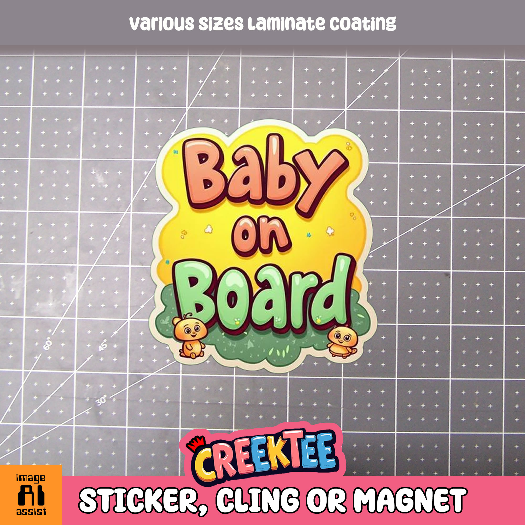 Baby on Board Die Cut Vinyl Sticker  Window Cling or Magnet with Laminate Coating in Various Sizes - Custom Bumper Sticker, Vinyl Sticker, or Magnet