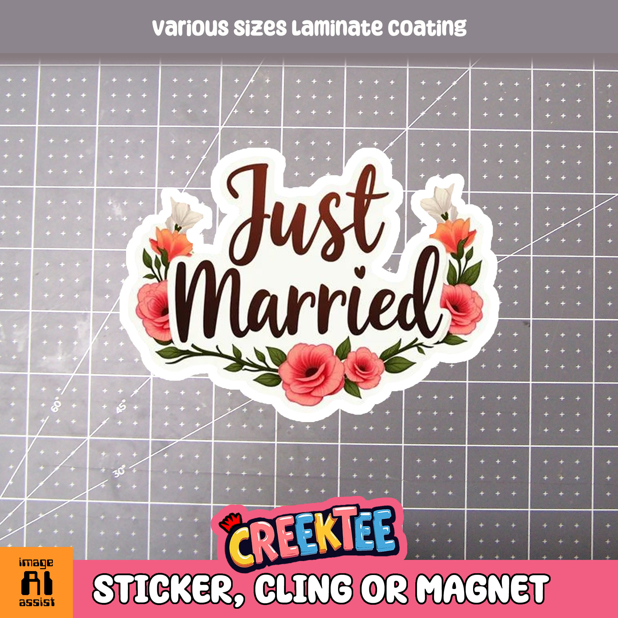 Just Married Die Cut Vinyl Sticker  Window Cling or Magnet with Laminate Coating in Various Sizes - Custom Bumper Sticker, Vinyl Sticker, or Magnet