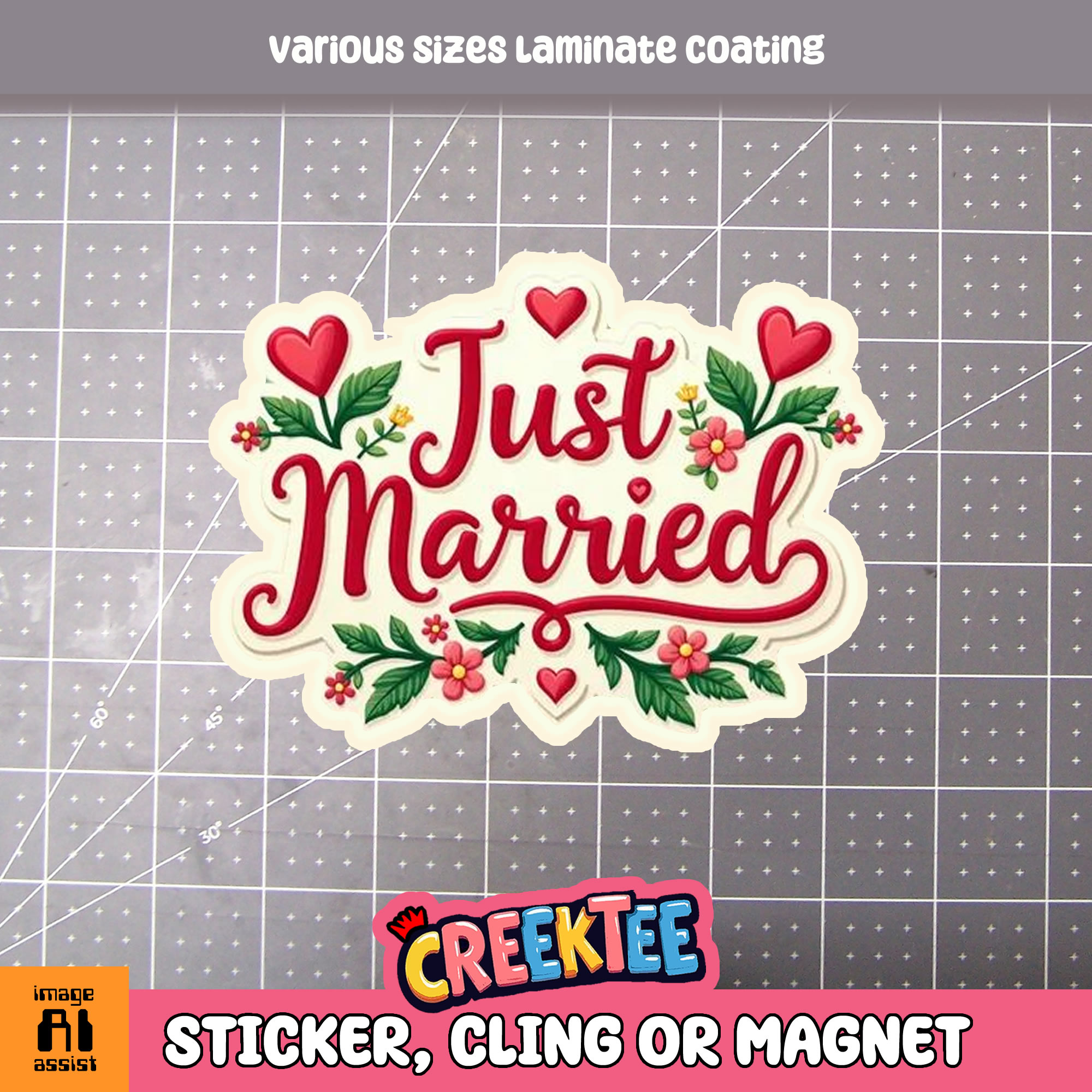 Just Married Die Cut Vinyl Sticker  Window Cling or Magnet with Laminate Coating in Various Sizes - Custom Bumper Sticker, Vinyl Sticker, or Magnet