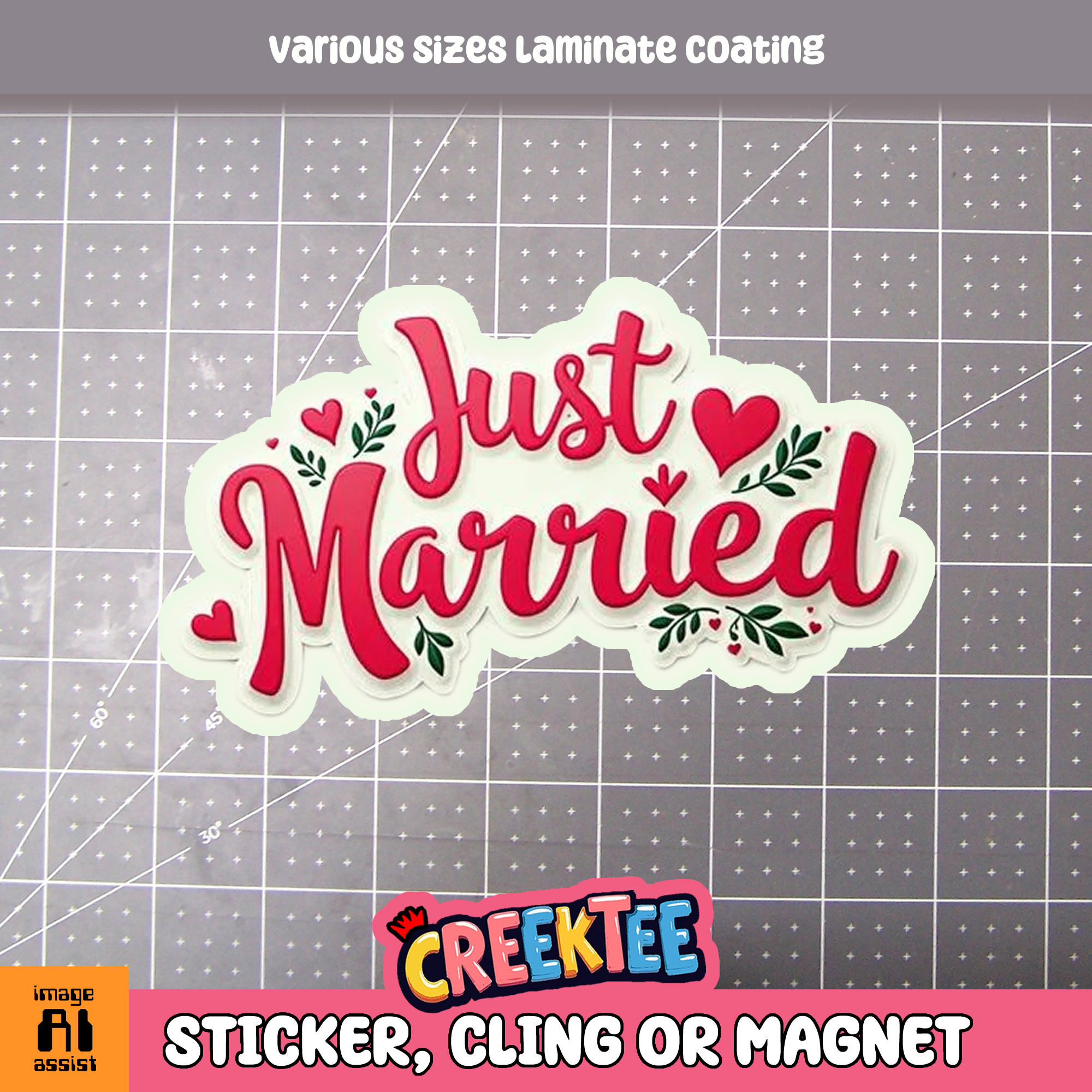 Just Married Die Cut Vinyl Sticker  Window Cling or Magnet with Laminate Coating in Various Sizes - Custom Bumper Sticker, Vinyl Sticker, or Magnet