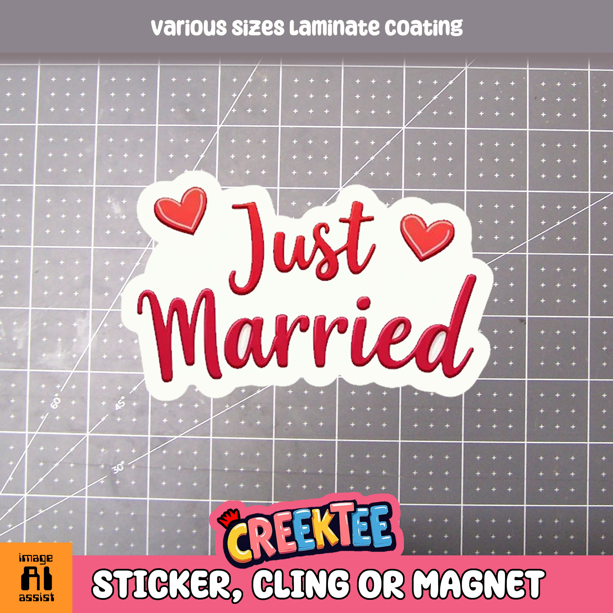 Just Married Die Cut Vinyl Sticker  Window Cling or Magnet with Laminate Coating in Various Sizes - Custom Bumper Sticker, Vinyl Sticker, or Magnet