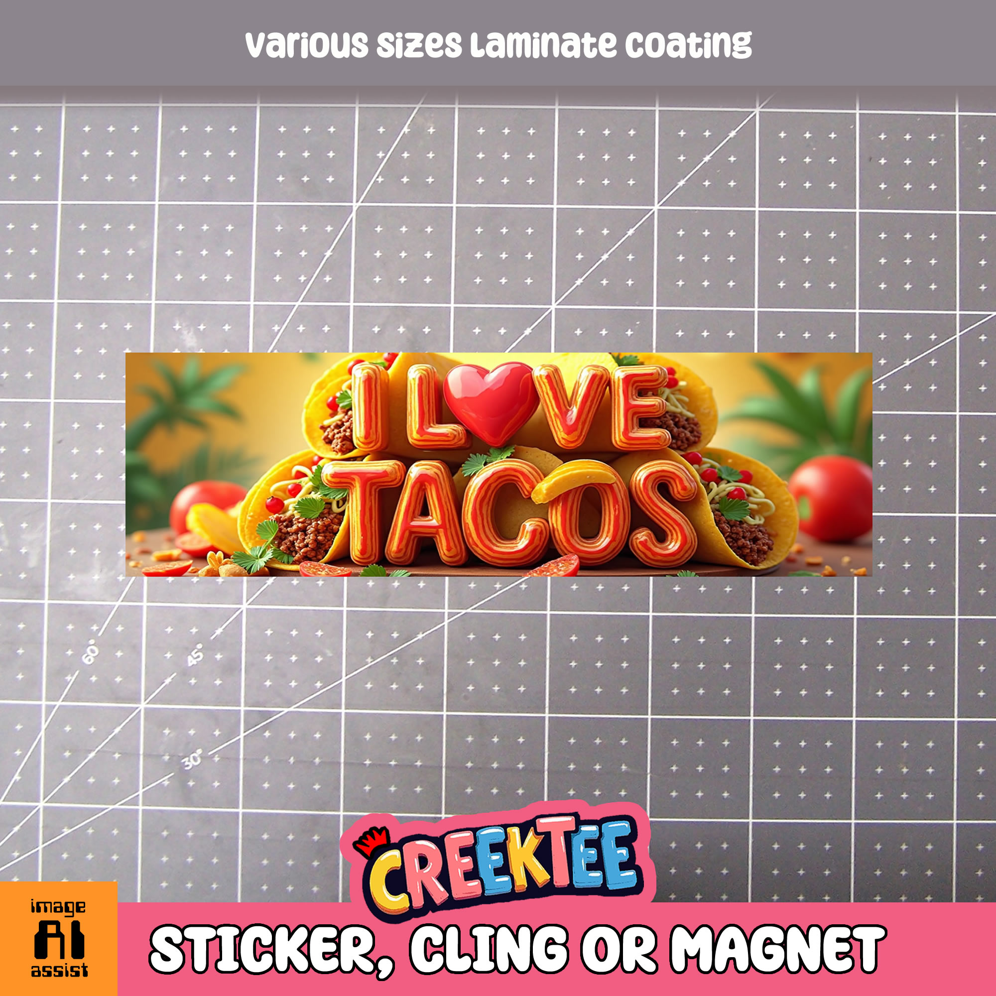 I love Tacos Die Cut Vinyl Sticker  Window Cling or Magnet with Laminate Coating in Various Sizes - Custom Bumper Sticker, Vinyl Sticker, or Magnet