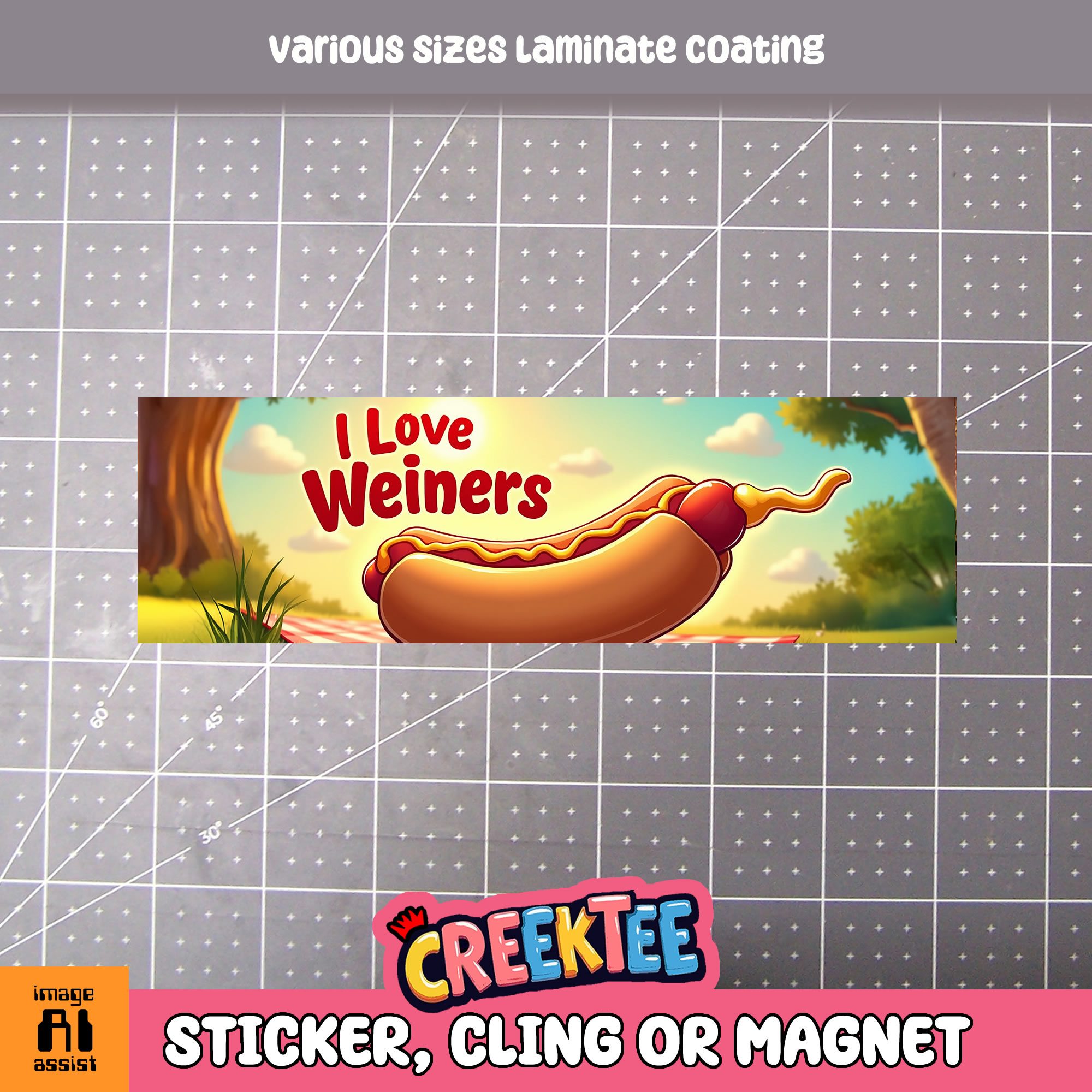 I Love Weiners Vinyl Bumper Sticker  Window Cling or Magnet in UV Laminate Coating and Various Sizes - Custom Bumper Sticker, Vinyl Sticker, or Magnet