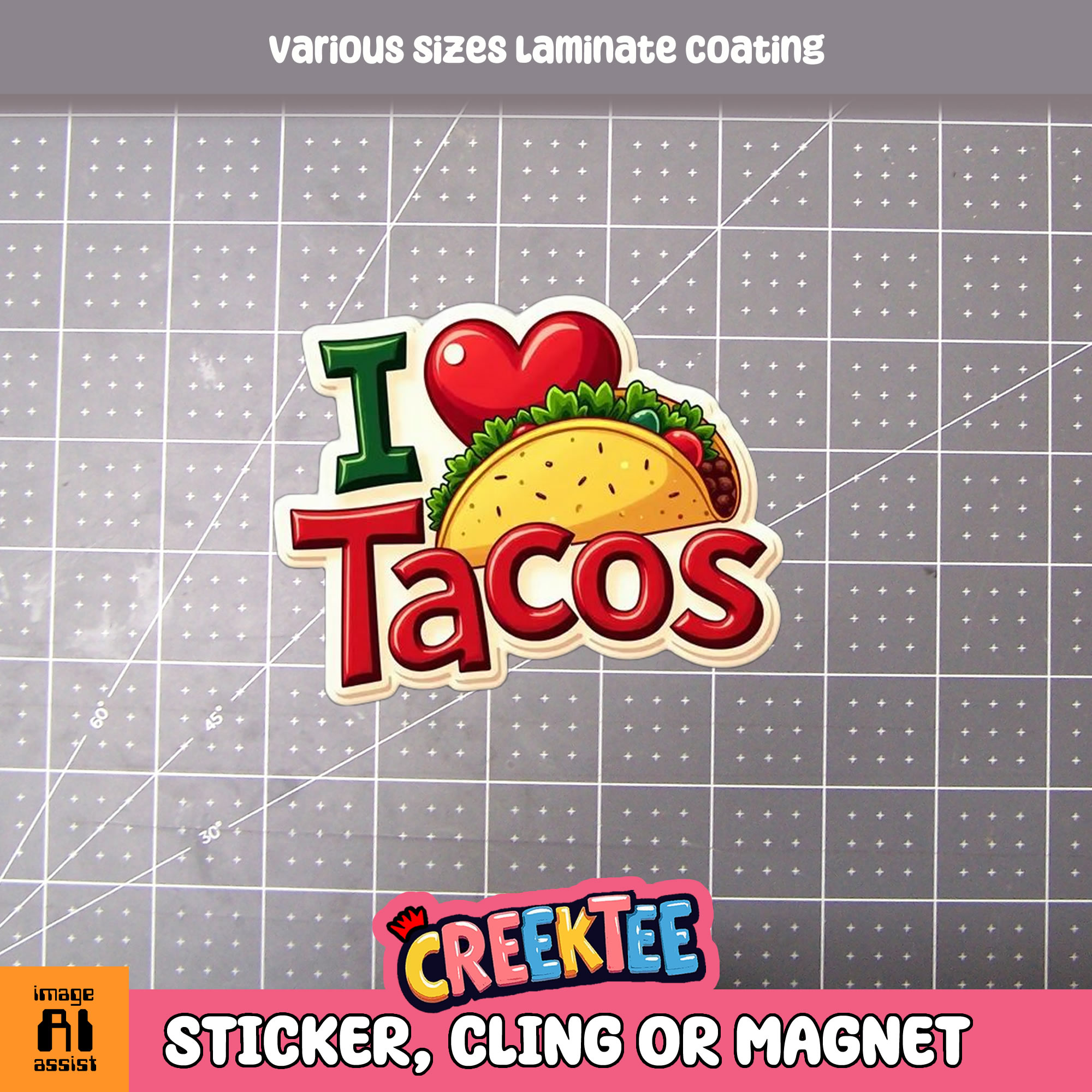 I love Tacos Die Cut Vinyl Sticker  Window Cling or Magnet with Laminate Coating in Various Sizes - Custom Bumper Sticker, Vinyl Sticker, or Magnet