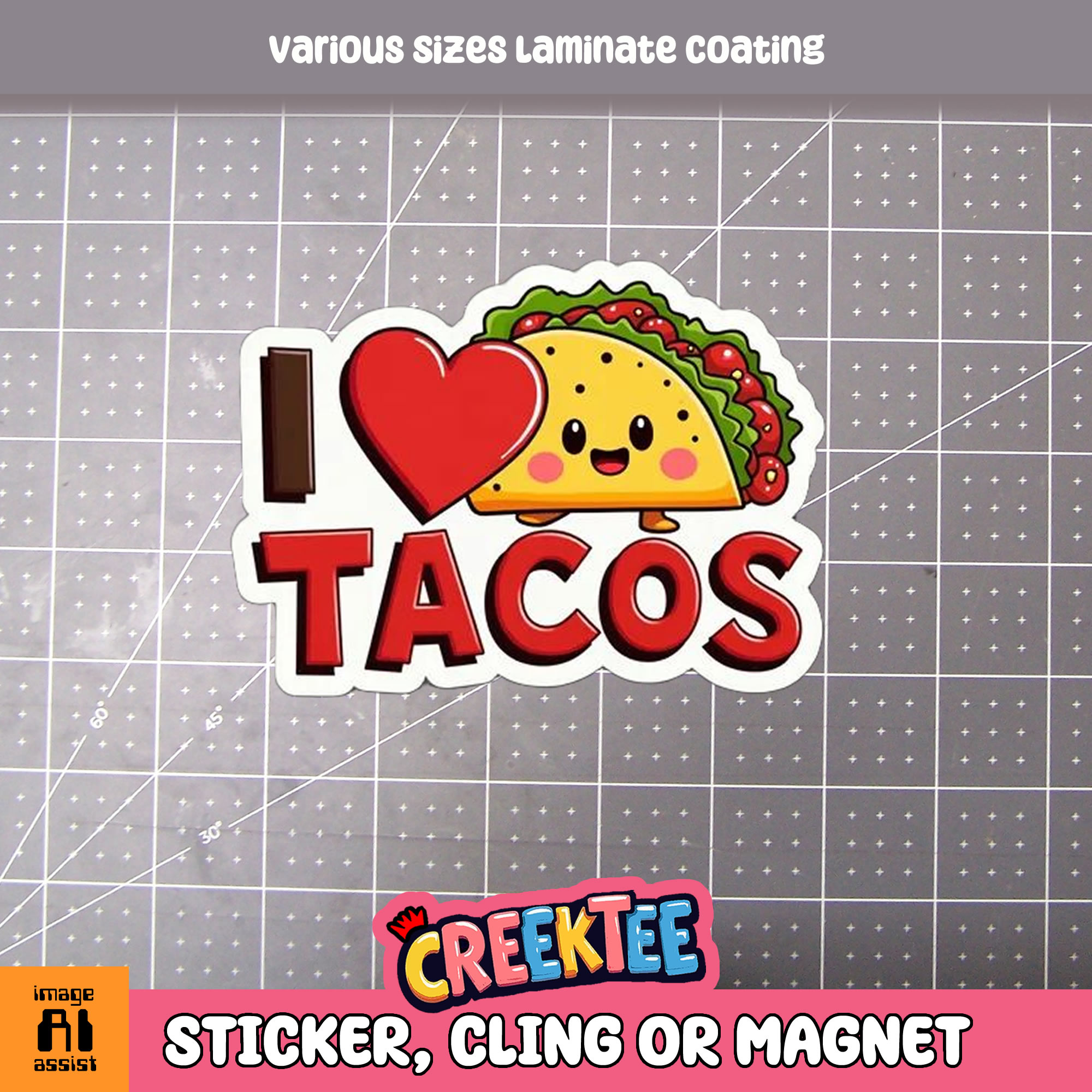 I love Tacos Die Cut Vinyl Sticker  Window Cling or Magnet with Laminate Coating in Various Sizes - Custom Bumper Sticker, Vinyl Sticker, or Magnet