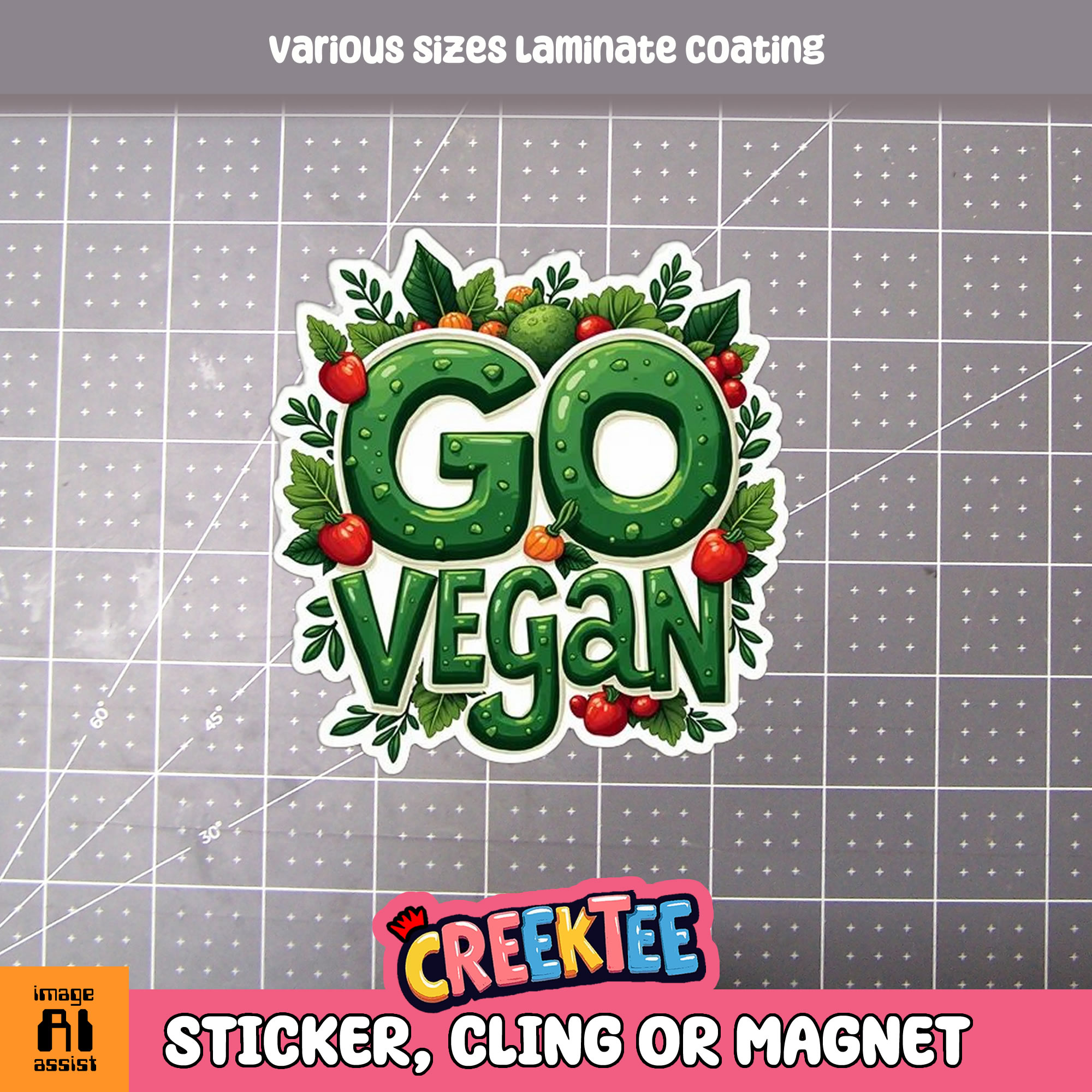 Go Vegan Die Cut Vinyl Sticker  Window Cling or Magnet with Laminate Coating in Various Sizes - Custom Bumper Sticker, Vinyl Sticker, or Magnet