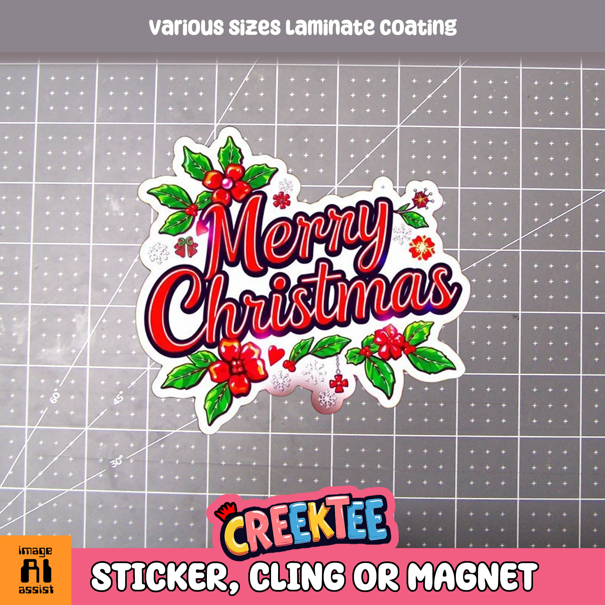 Merry Christmas Die Cut Vinyl Sticker  Window Cling or Magnet with Laminate Coating in Various Sizes - Custom Bumper Sticker, Vinyl Sticker, or Magnet