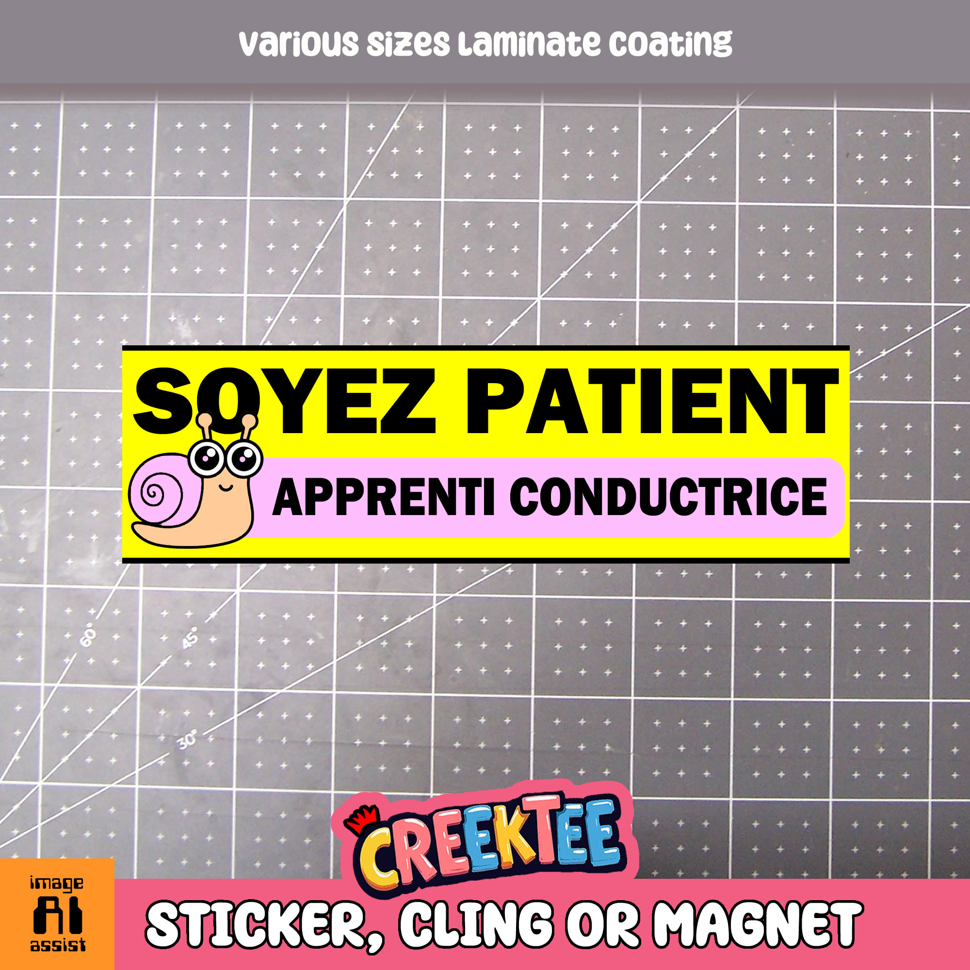 Soyez Patient Apprenti Conductrice Vinyl Bumper Sticker  Window Cling or Magnet in UV Laminate Coating and Various Sizes - Custom Bumper Sticker, Vinyl Sticker, or Magnet