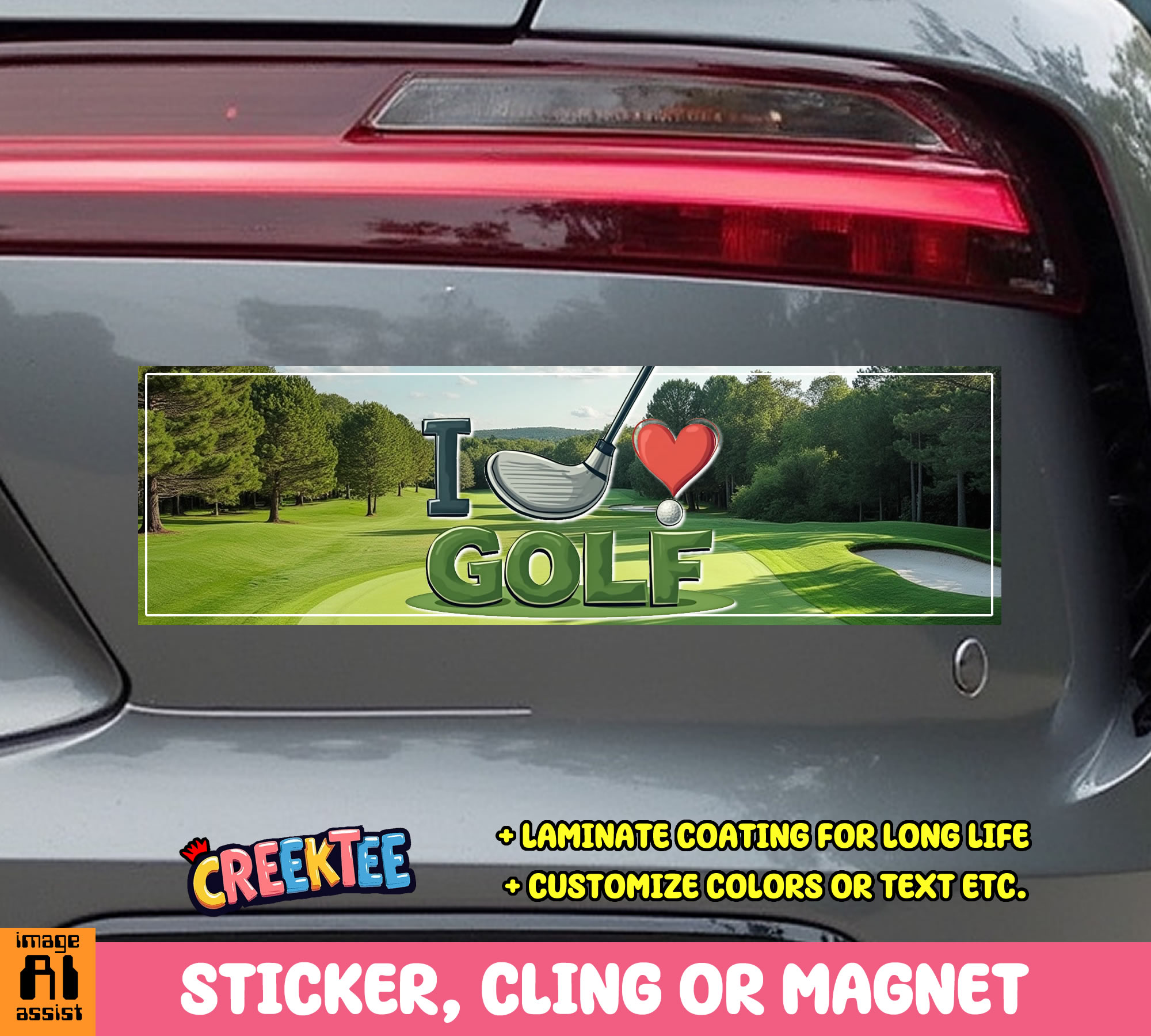I Love Golf Vinyl Bumper Sticker  Window Cling or Magnet in UV Laminate Coating and Various Sizes - Custom Bumper Sticker, Vinyl Sticker, or Magnet
