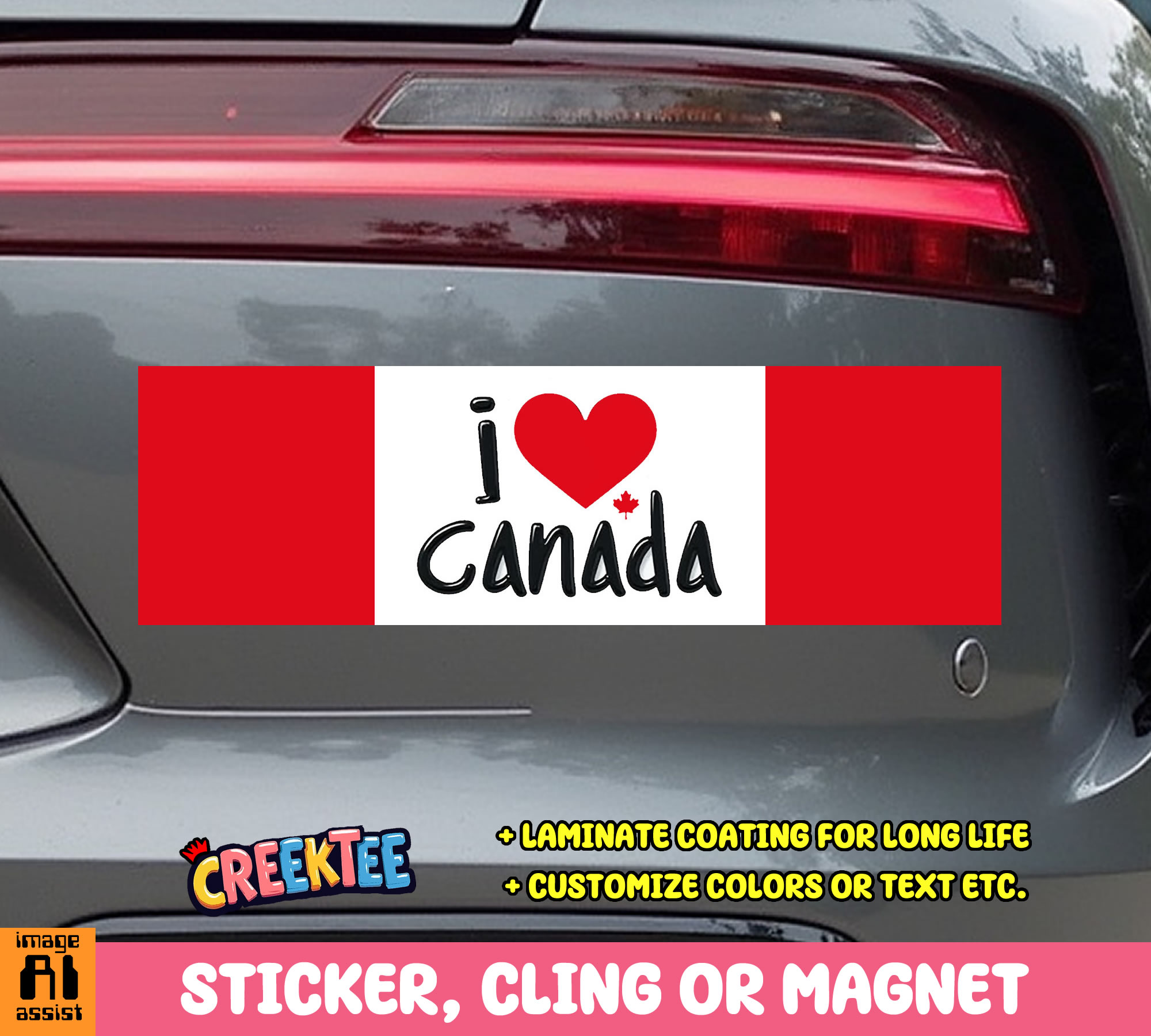 I heart Canada Vinyl Bumper Sticker  Window Cling or Bumper Sticker Magnet in UV Laminate Coating - Custom Bumper Sticker, Vinyl Sticker, or Magnet