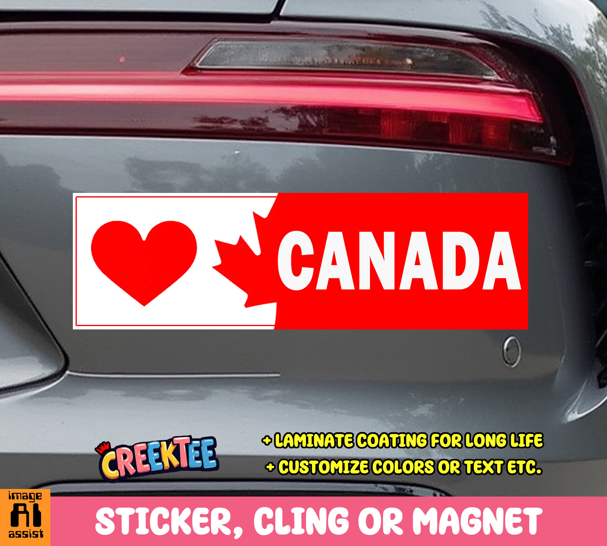 Heart Canada Vinyl Bumper Sticker  Window Cling or Bumper Sticker Magnet in UV Laminate Coating - Custom Bumper Sticker, Vinyl Sticker, or Magnet
