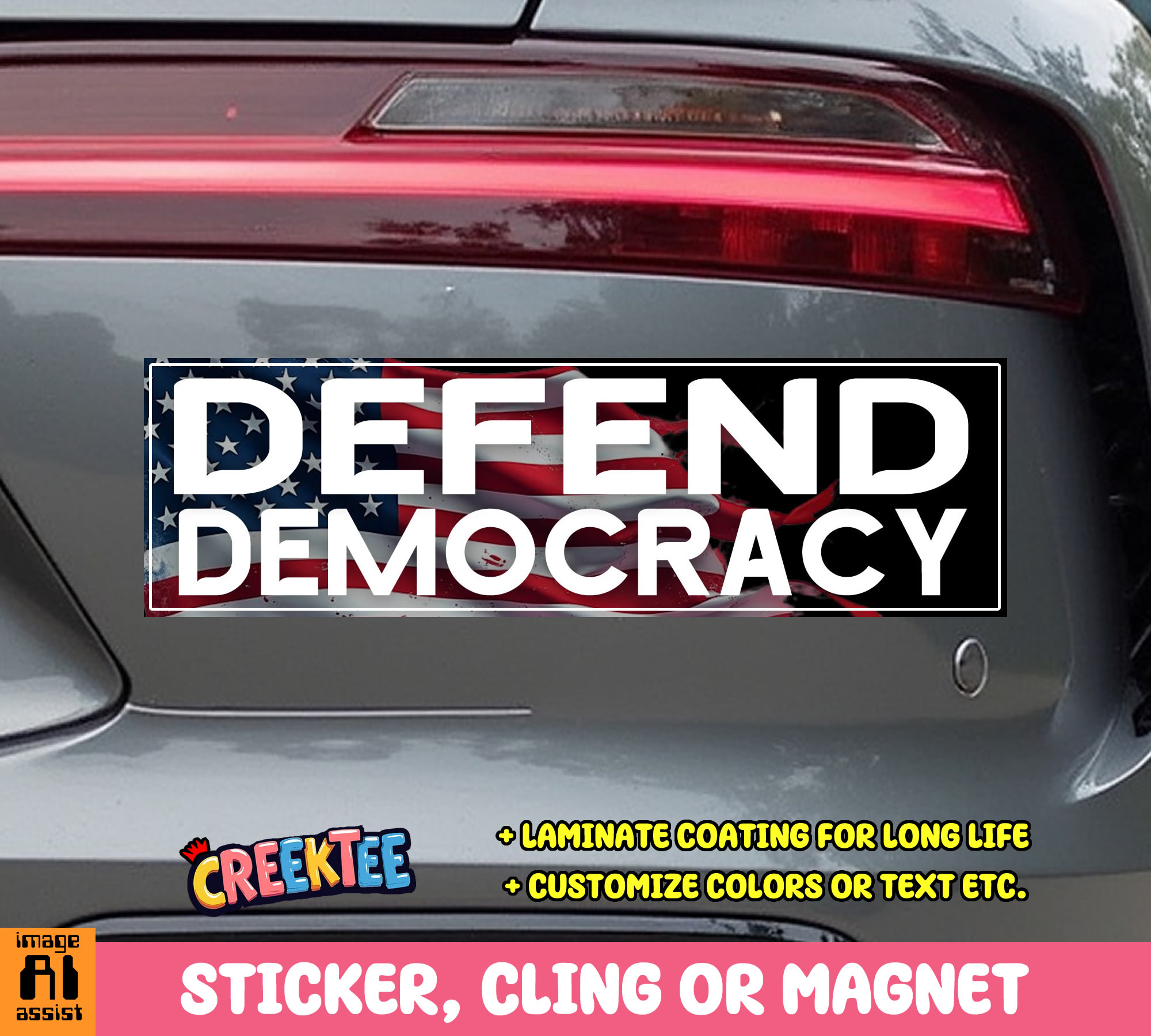 Defend Democracy Vinyl Bumper Sticker  Window Cling or Magnet in UV Laminate Coating and Various Sizes - Custom Bumper Sticker, Vinyl Sticker, or Magnet