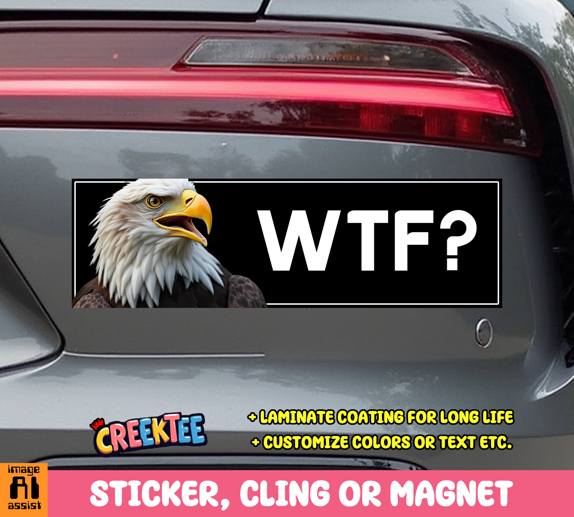 WTF  Eagle Vinyl Bumper Sticker  Window Cling or Magnet in UV Laminate Coating and Various Sizes - Custom Bumper Sticker, Vinyl Sticker, or Magnet