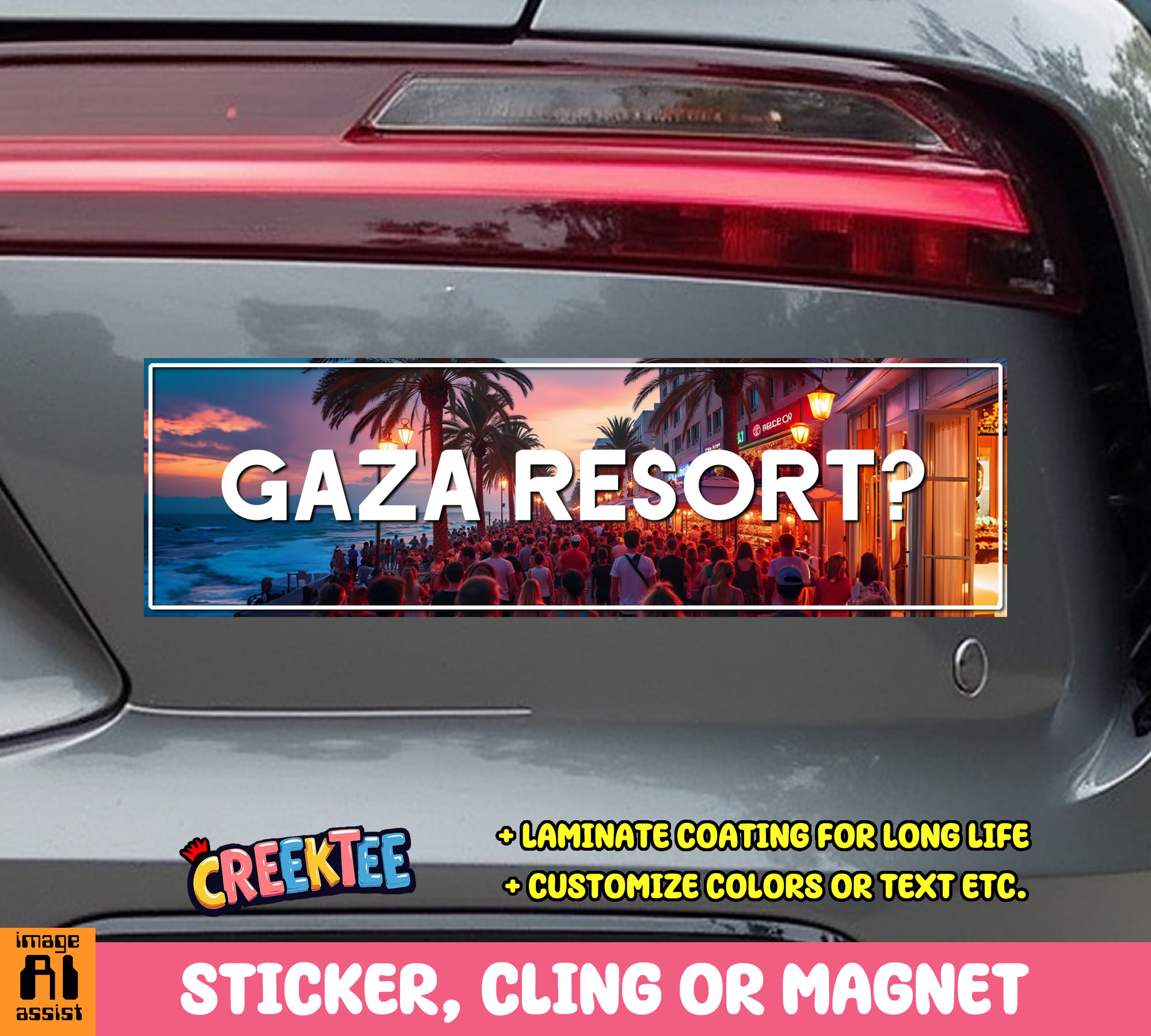 GAZA RESORT  Vinyl Bumper Sticker  Window Cling or Magnet in UV Laminate Coating and Various Sizes - Custom Bumper Sticker, Vinyl Sticker, or Magnet