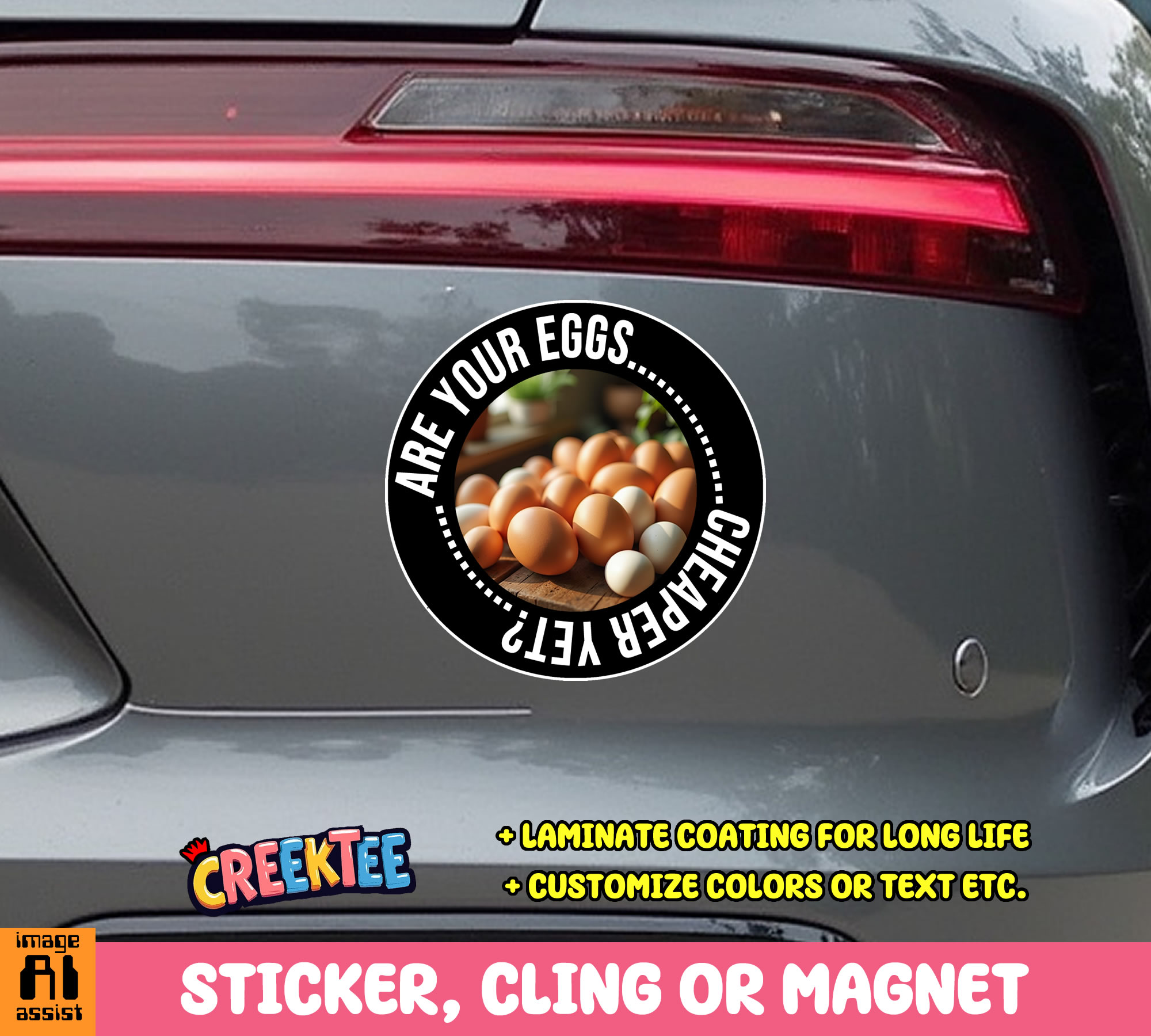 Are Your Eggs Cheaper Yet  Die Cut Vinyl Sticker  Window Cling or Magnet with Laminate Coating in Various Sizes - Custom Bumper Sticker, Vinyl Sticker, or Magnet