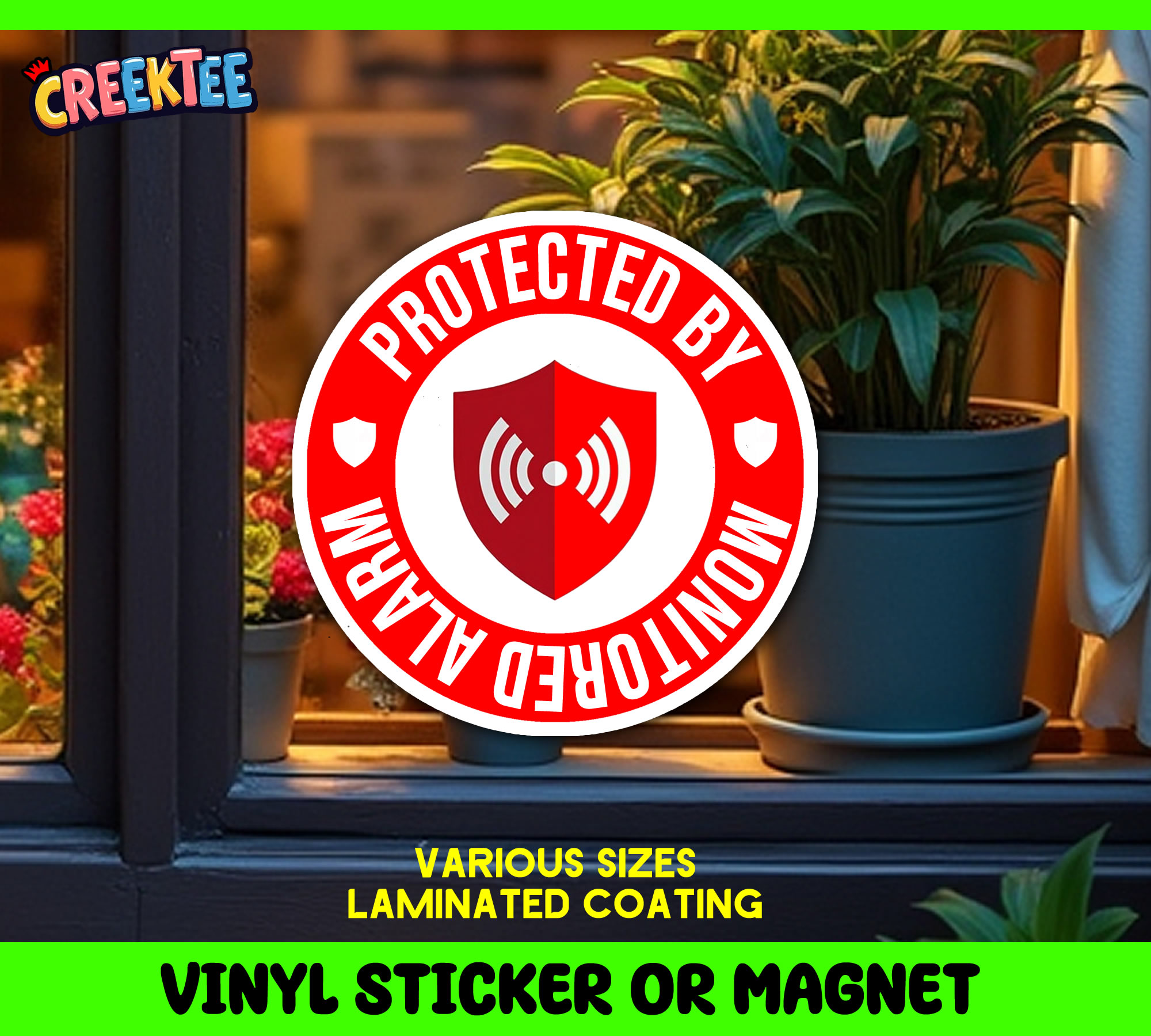 Protected by Monitored Alarm Vinyl Sticker  Window Cling or Magnet with Laminate Coating in Various Sizes - Custom Bumper Sticker, Vinyl Sticker, or Magnet
